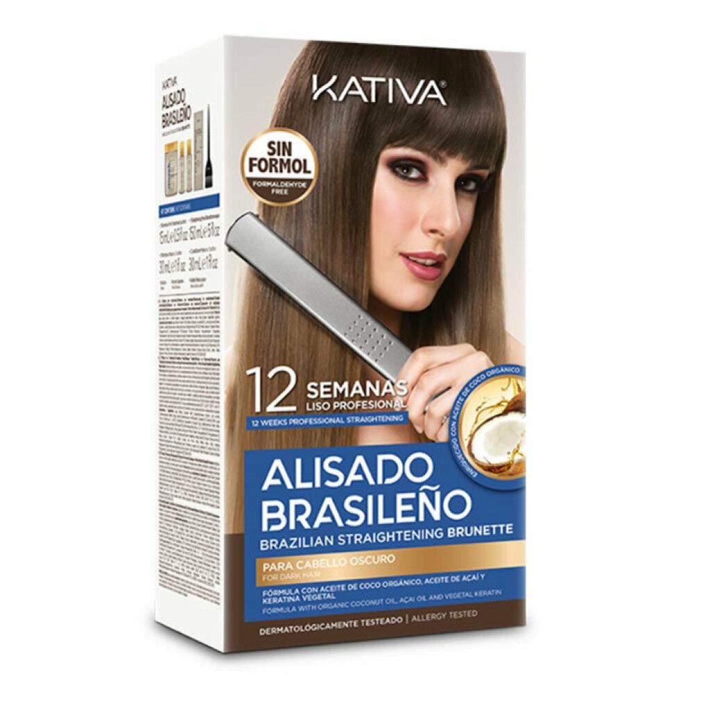 Kativa-Box mit Produktabbildung und Frau mit glattem Haar. Text: 'Alisado Brasileño', 'Sin Formol'.
