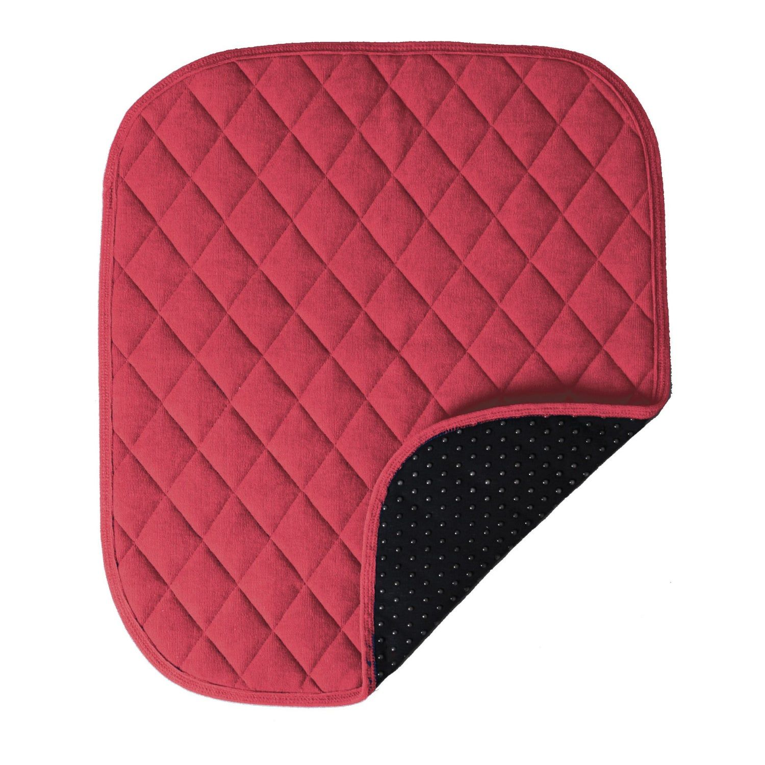 Rote Sitzauflage mit Anti-Rutsch-Noppen. Quadratische Form mit abgerundeten Ecken. Sichtbare Anti-Rutsch-Seite.