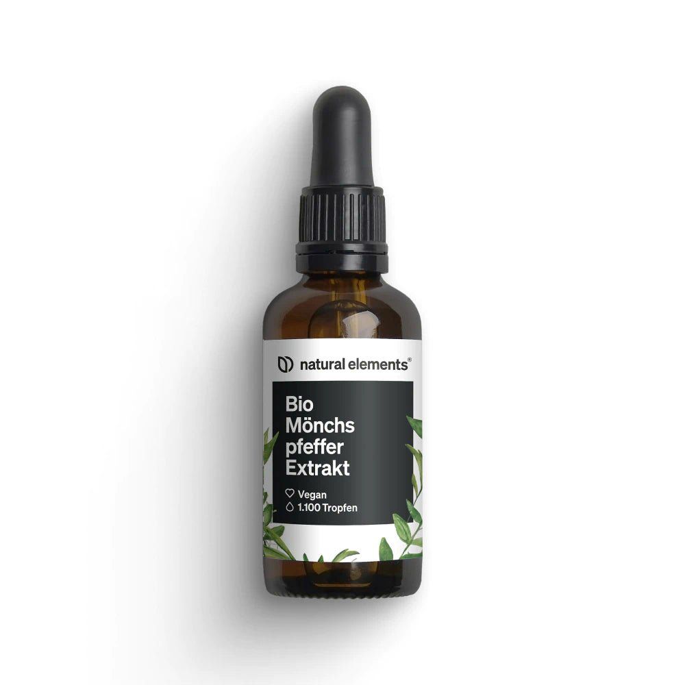 Braune Glasflasche mit schwarzem Verschluss und Pipette. Etikett mit Produktbezeichnung und Logo. Vegan.