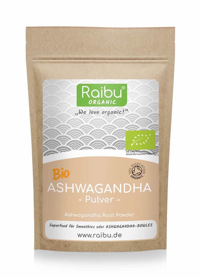 Beutel mit Aufschrift "RAIBU ORGANIC Bio Ashwagandha Pulver". Bio-Siegel und Text: "Superfood für Smoothies".