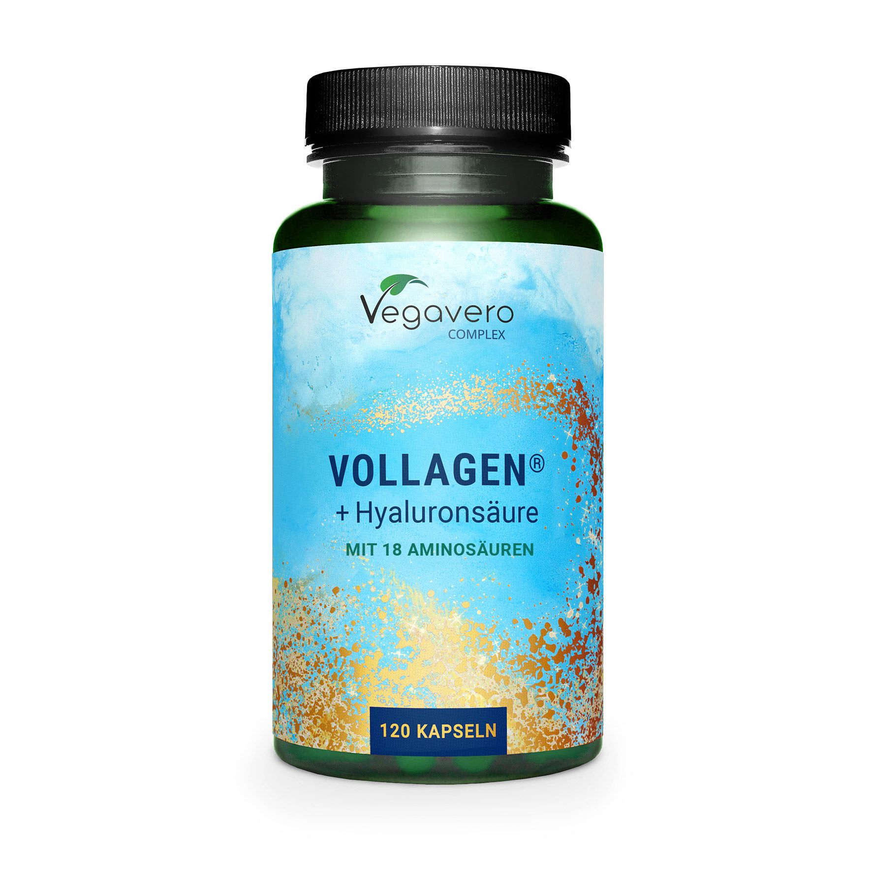 Grüne Flasche mit schwarzen Deckel. Aufschrift: Vegavaro, VOLLAGEN + Hyaluronsäure, 120 Kapseln.