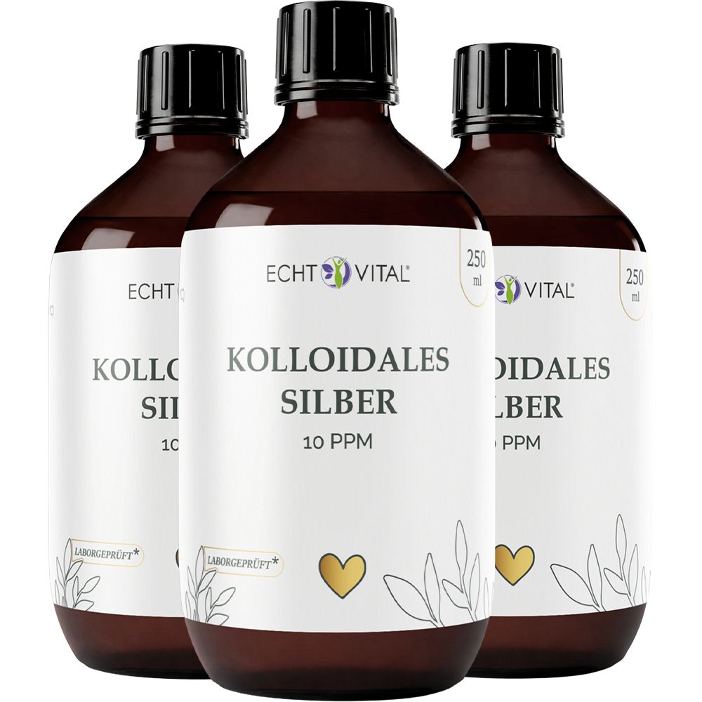 Drei braune Glasflaschen mit weißem Etikett, das 'Echt Vital Kolloidales Silber 10 PPM' angibt.