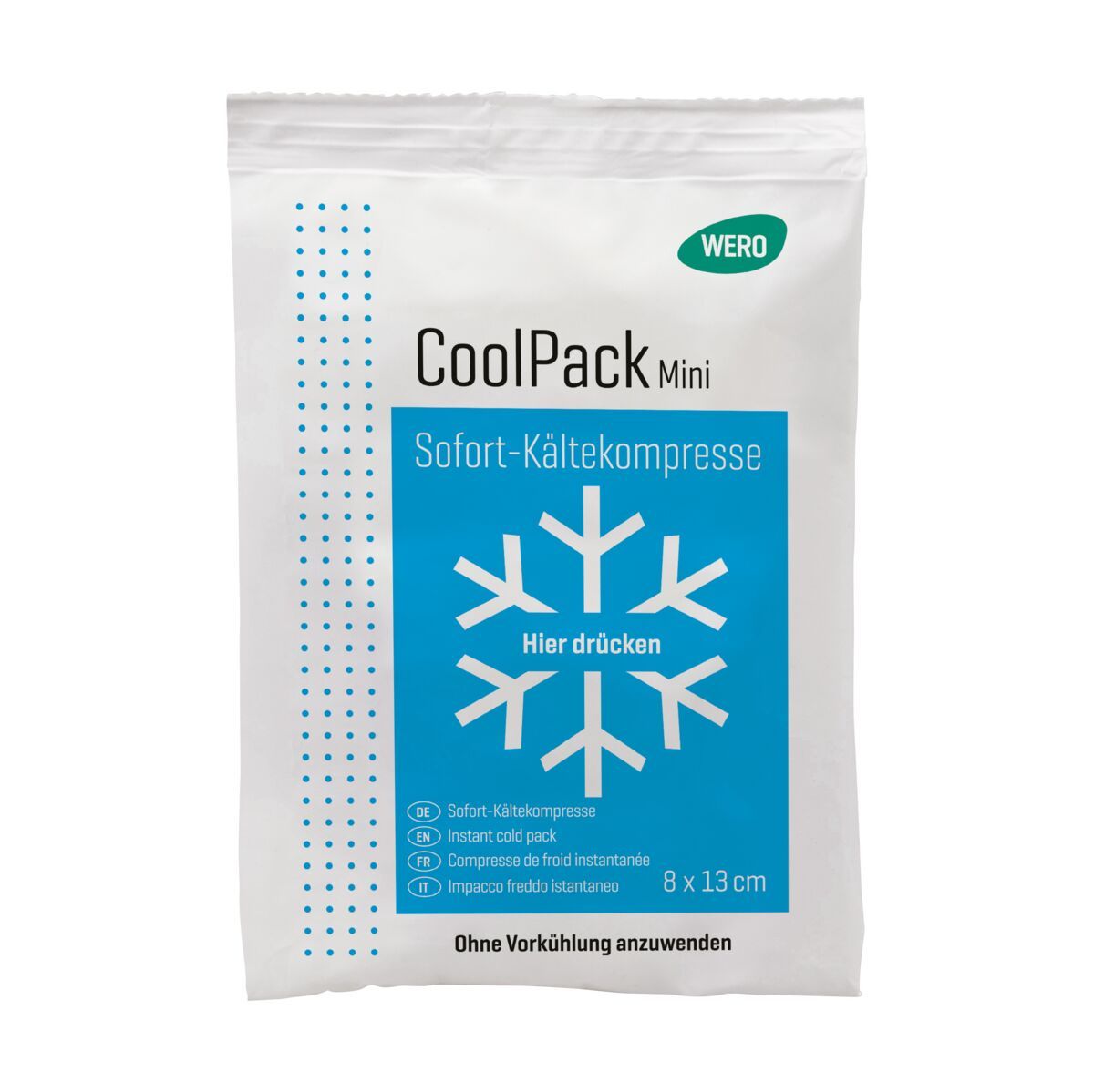 Weiße WERO CoolPack Mini Sofort-Kältekompresse. Blaues Feld mit Schneeflocken-Symbol und Aufschrift 'Hier drücken'. Größe: 8 x 13 cm.