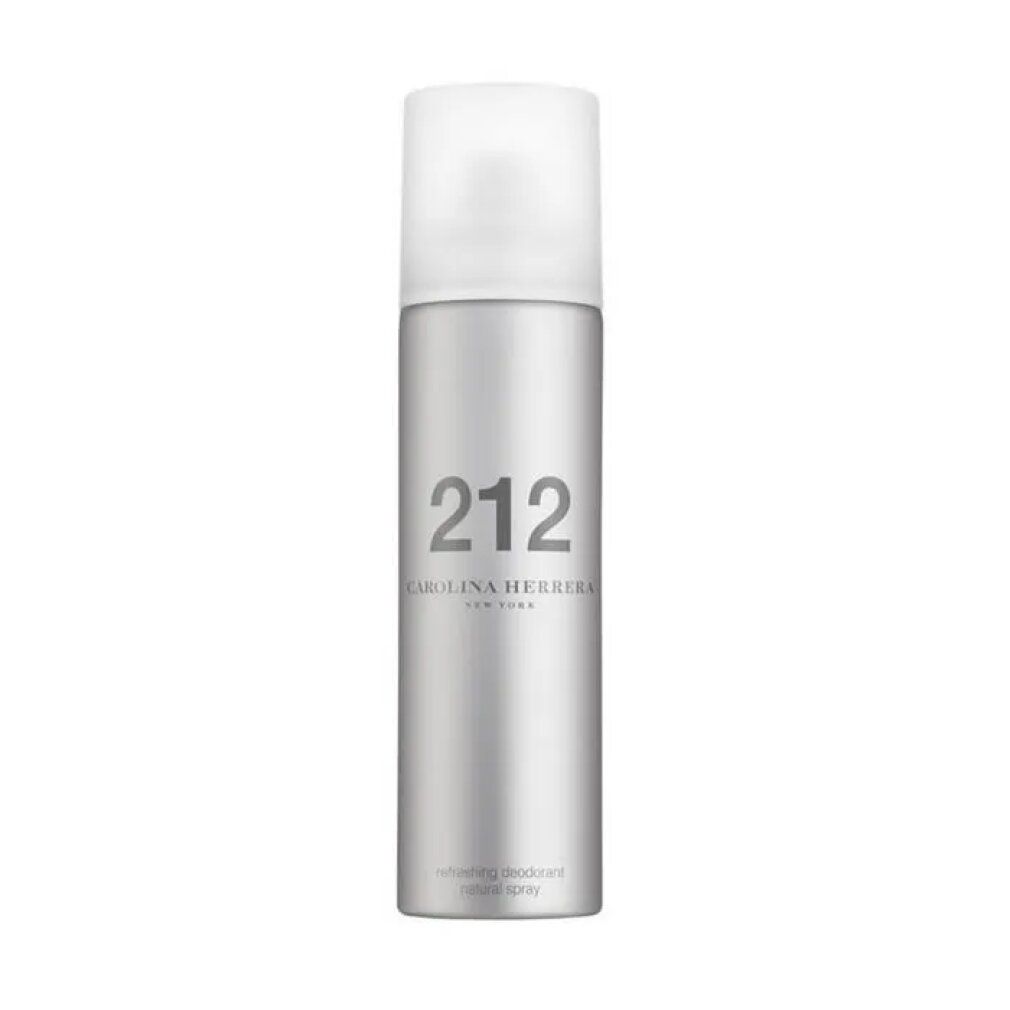 Deo Natural Spray, silberne Flasche mit weißem Deckel. Aufschrift: 212, Carolina Herrera New York, Deodorant Natural Spray.