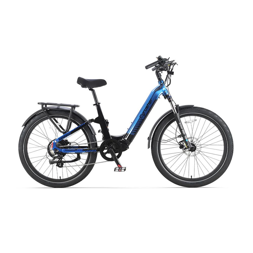 Blau-schwarzes E-Bike. Schutzbleche, Gepäckträger, 8 Gänge. Cyrusher Sprint.