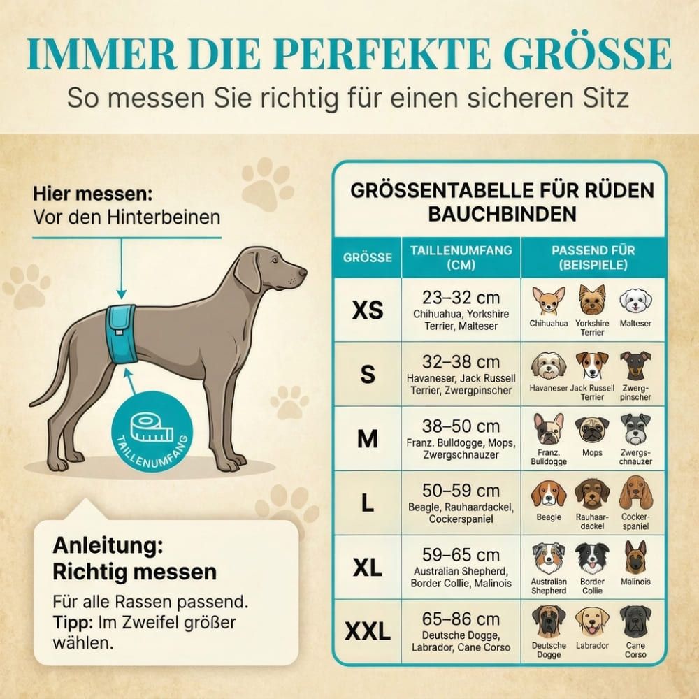 Größentabelle für Rüden. Illustration eines Hundes mit Windel. Größenangaben in cm und Hunderassen.