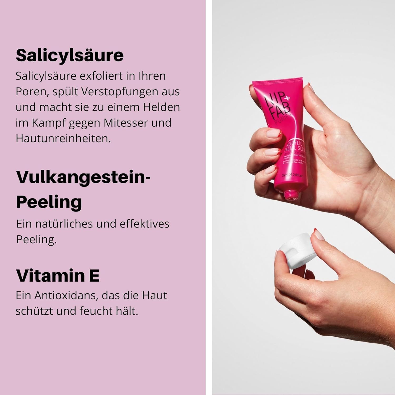 Hände halten Tube und Deckel. Text: Salicylsäure, Vulkanstein-Peeling, Vitamin E. Produktname nicht sichtbar.