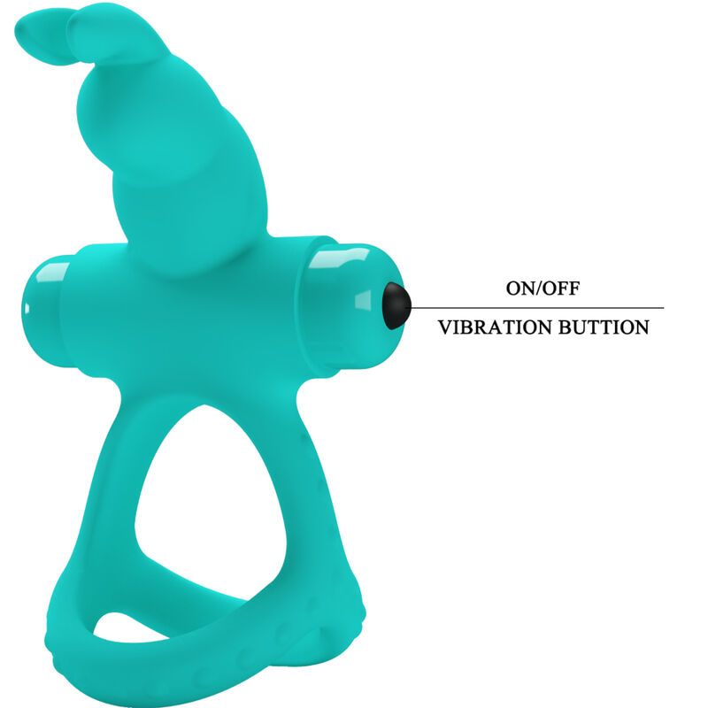 Türkisfarbener Ringvibrator mit Ein-/Aus- und Vibrationstaste.