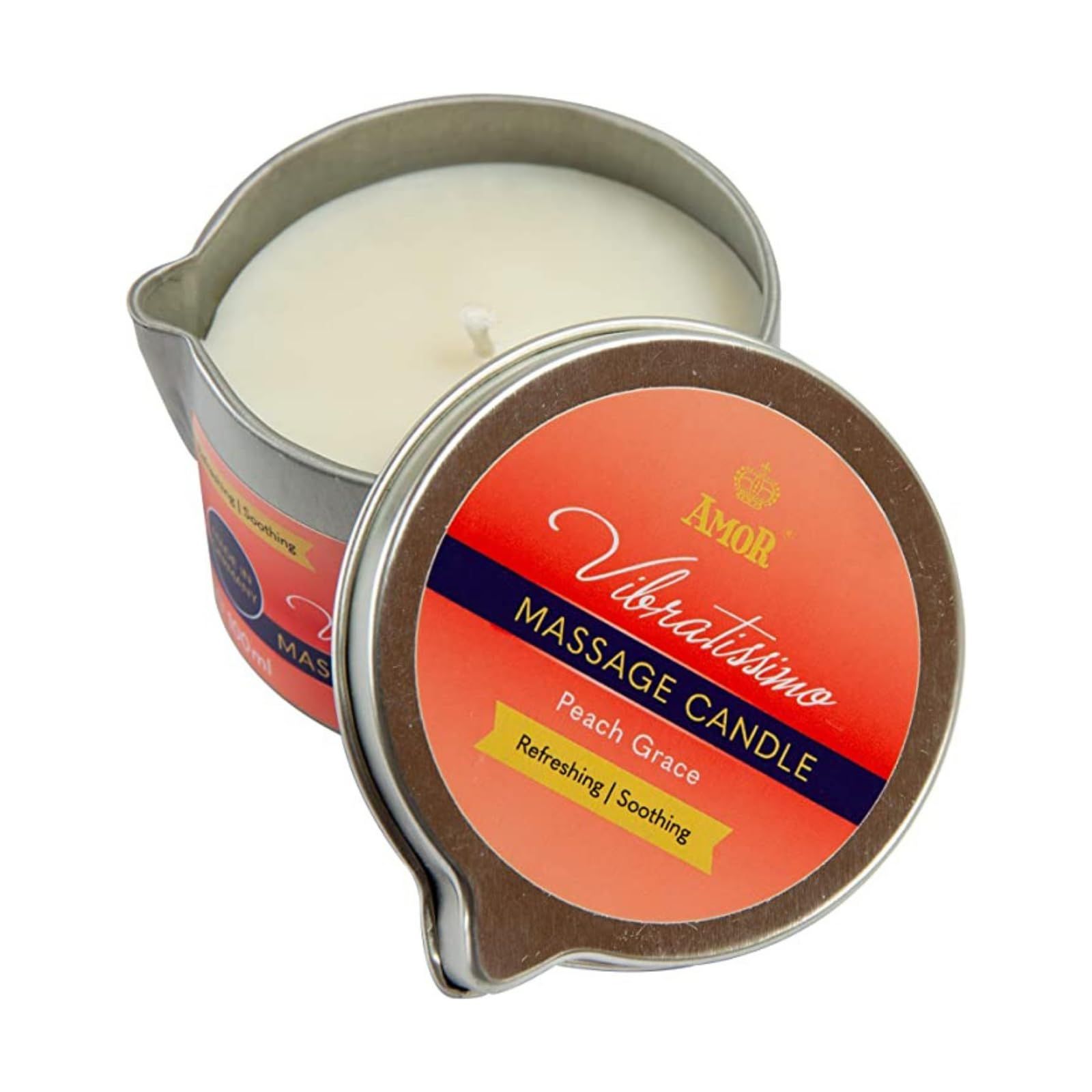 Massagekerze in Metalldose mit Deckel, Duft Peach Grace.