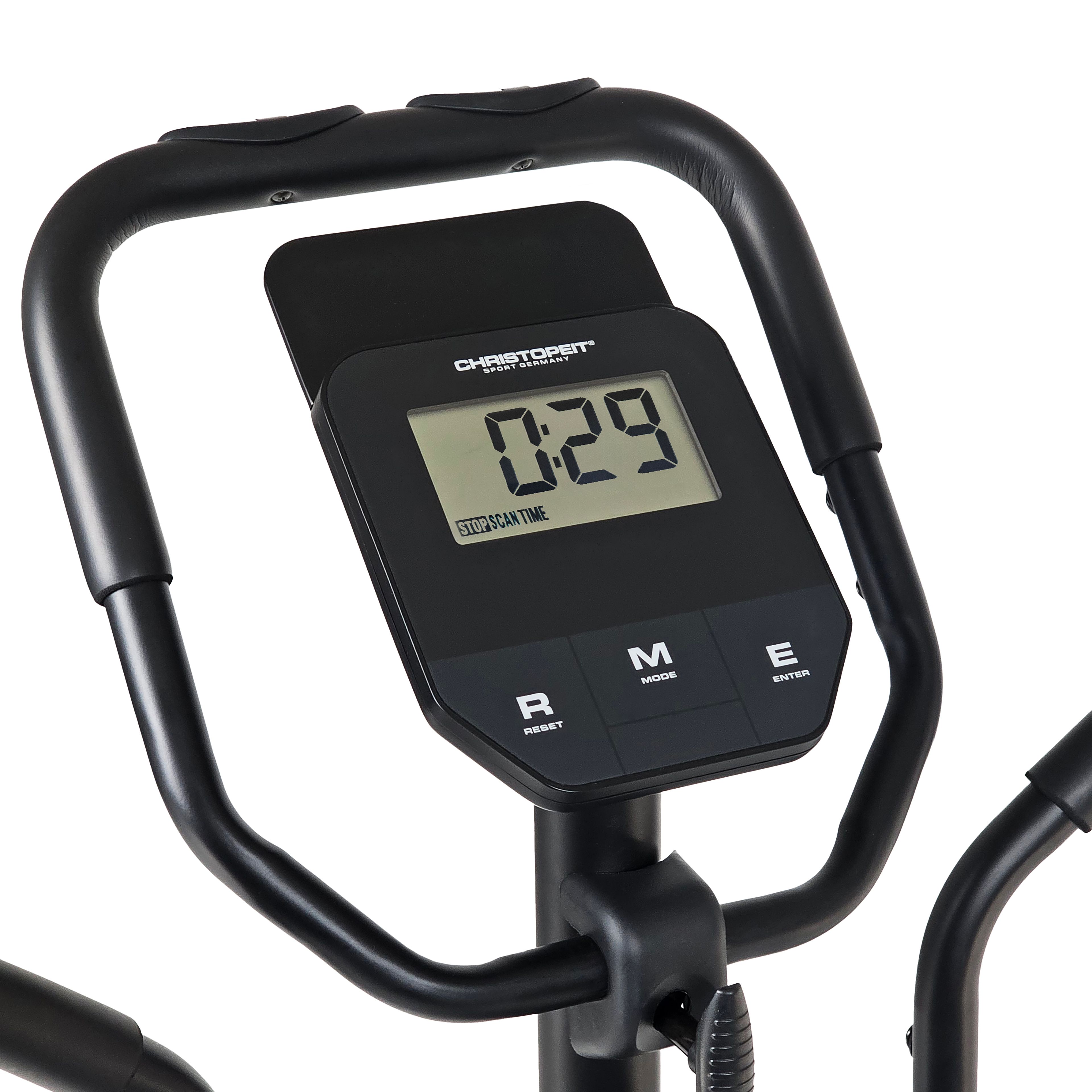 Digitales Display des Crosstrainers CT 6 Hybrid 2in1. Zeigt Zeit an. Tasten für Modus und Einstellungen.