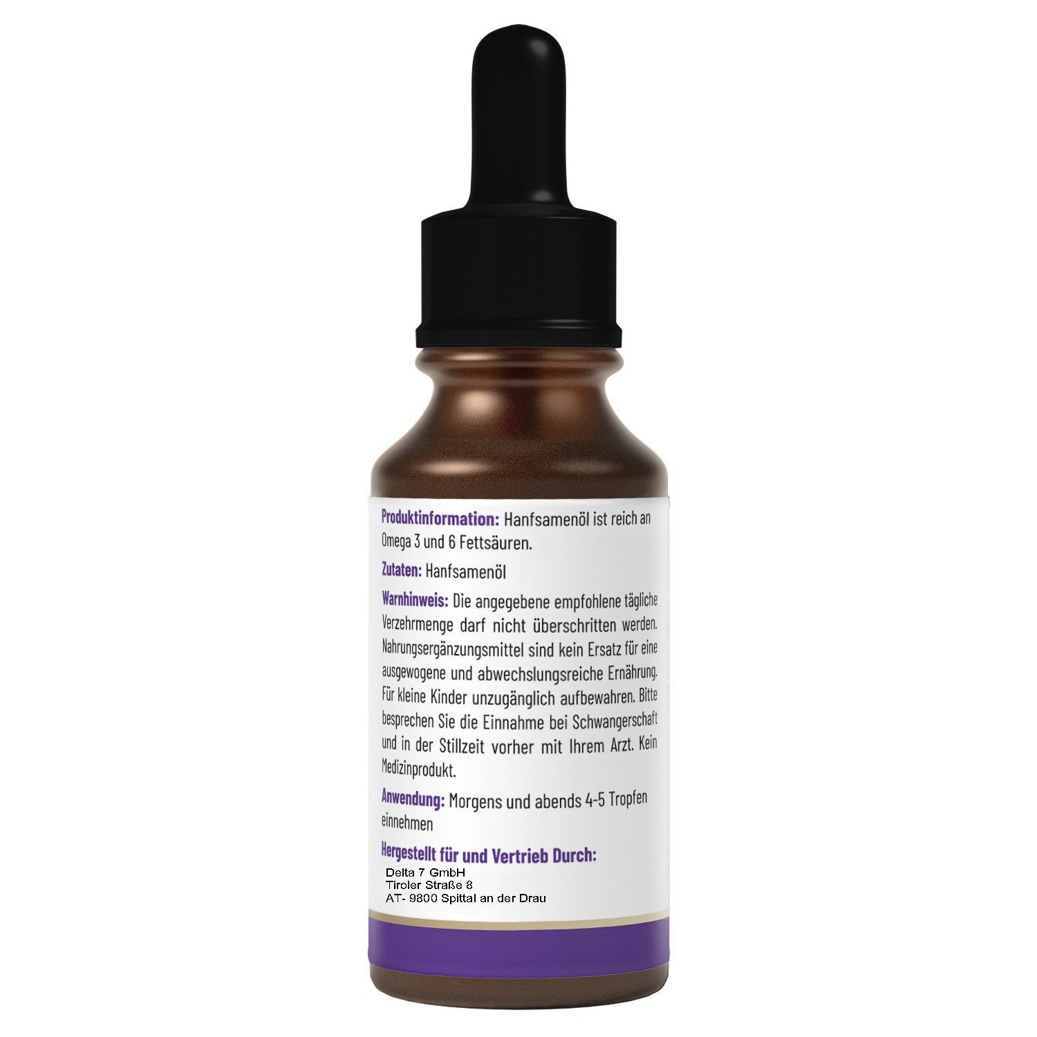 Rückseite der Flasche "Keto Burn Tropfen". Text: Hanfsamenöl reich an Omega 3 & 6. Anwendung: 4-5 Tropfen. Hergestellt für und durch.