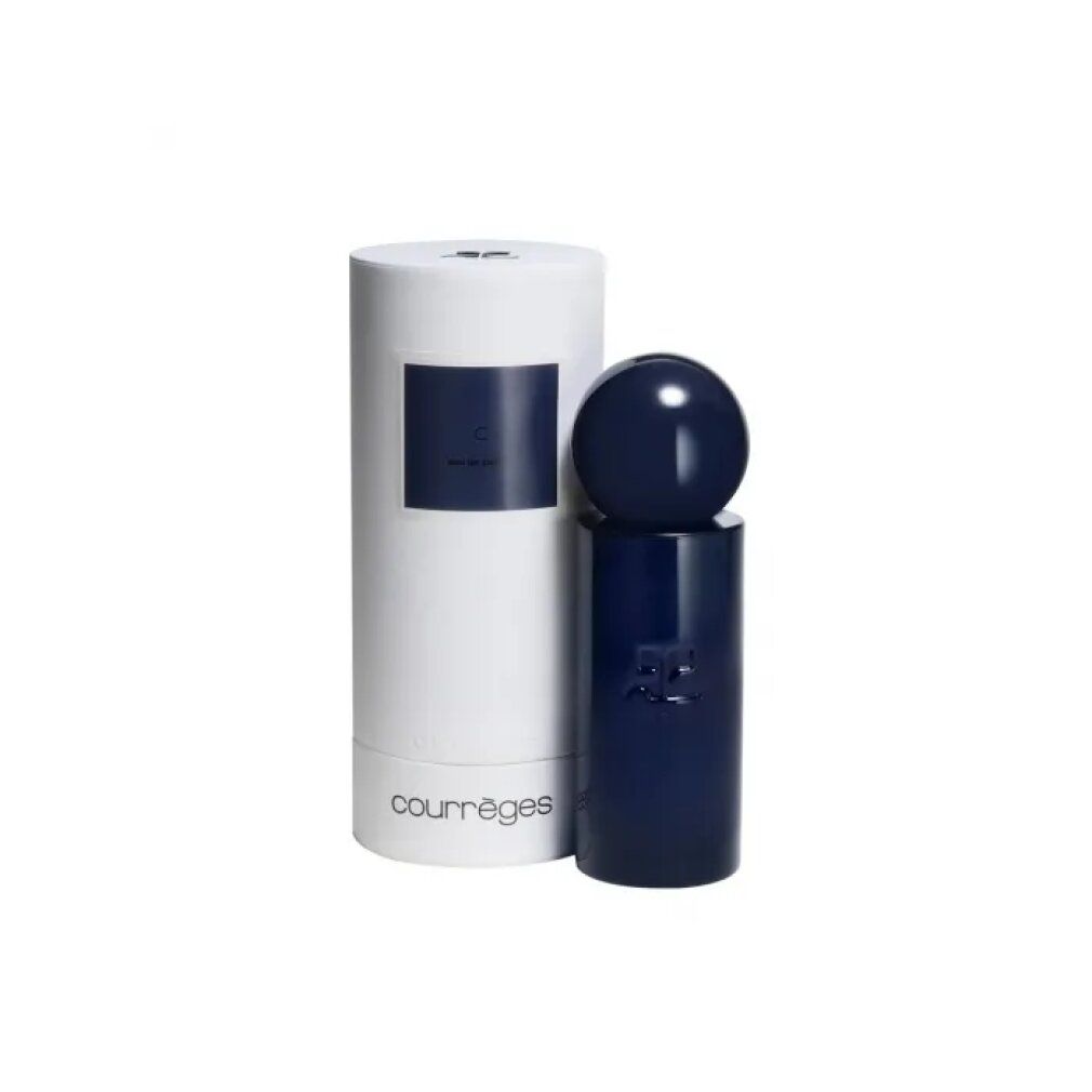 Blauer Parfumflakon und weiße Verpackung. Aufschrift "C Eau de Parfum Spray" und "Courrèges". Zylindrische Form.