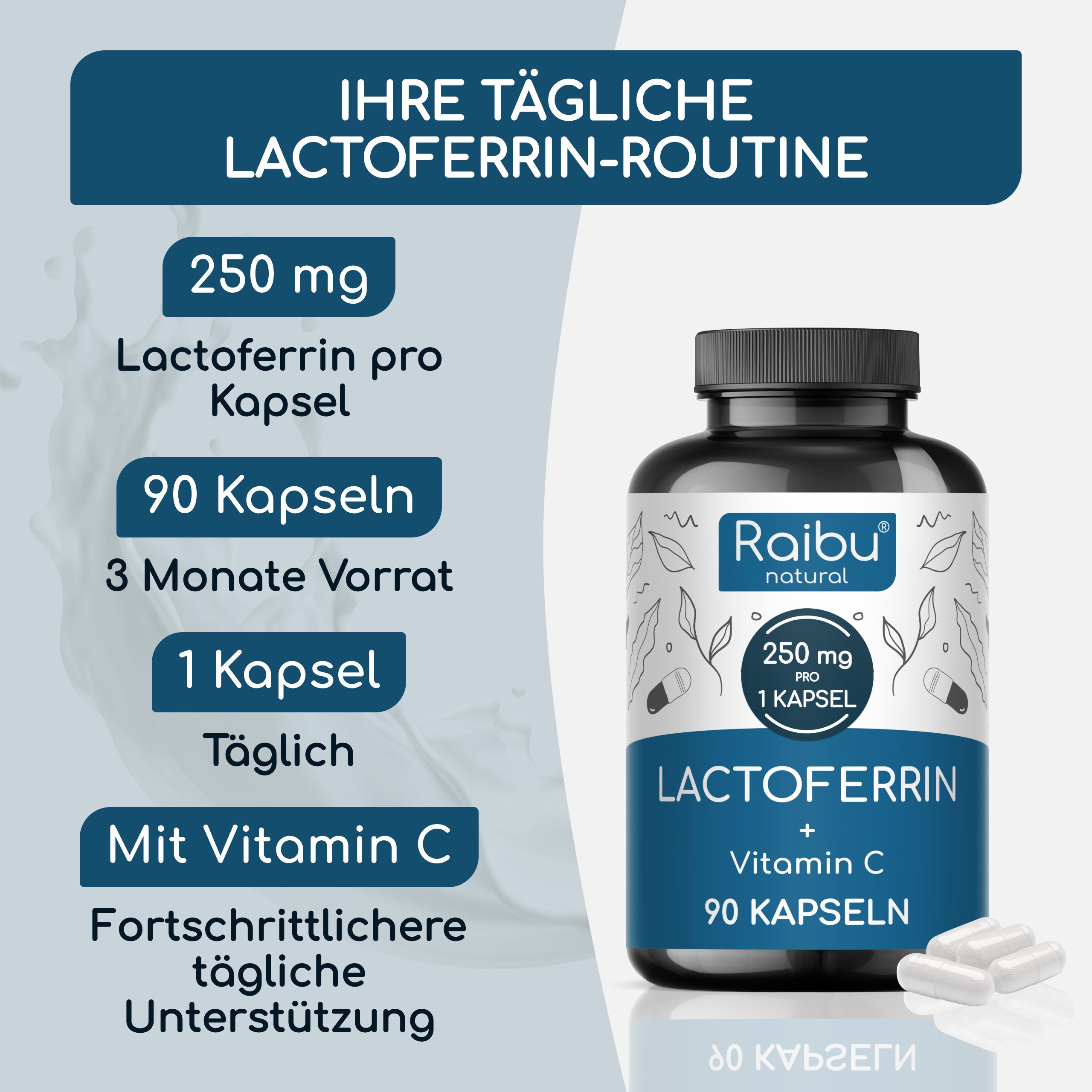 Lactoferrin 250 mg hochdosiert - mit Vitamin C - für Eisenaufnahme & Immunsystem - RAIBU