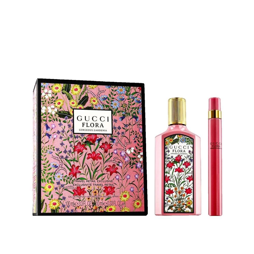 Geschenkbox mit Flakon und Zerstäuber. Blumenmuster. Logo und Produktname.