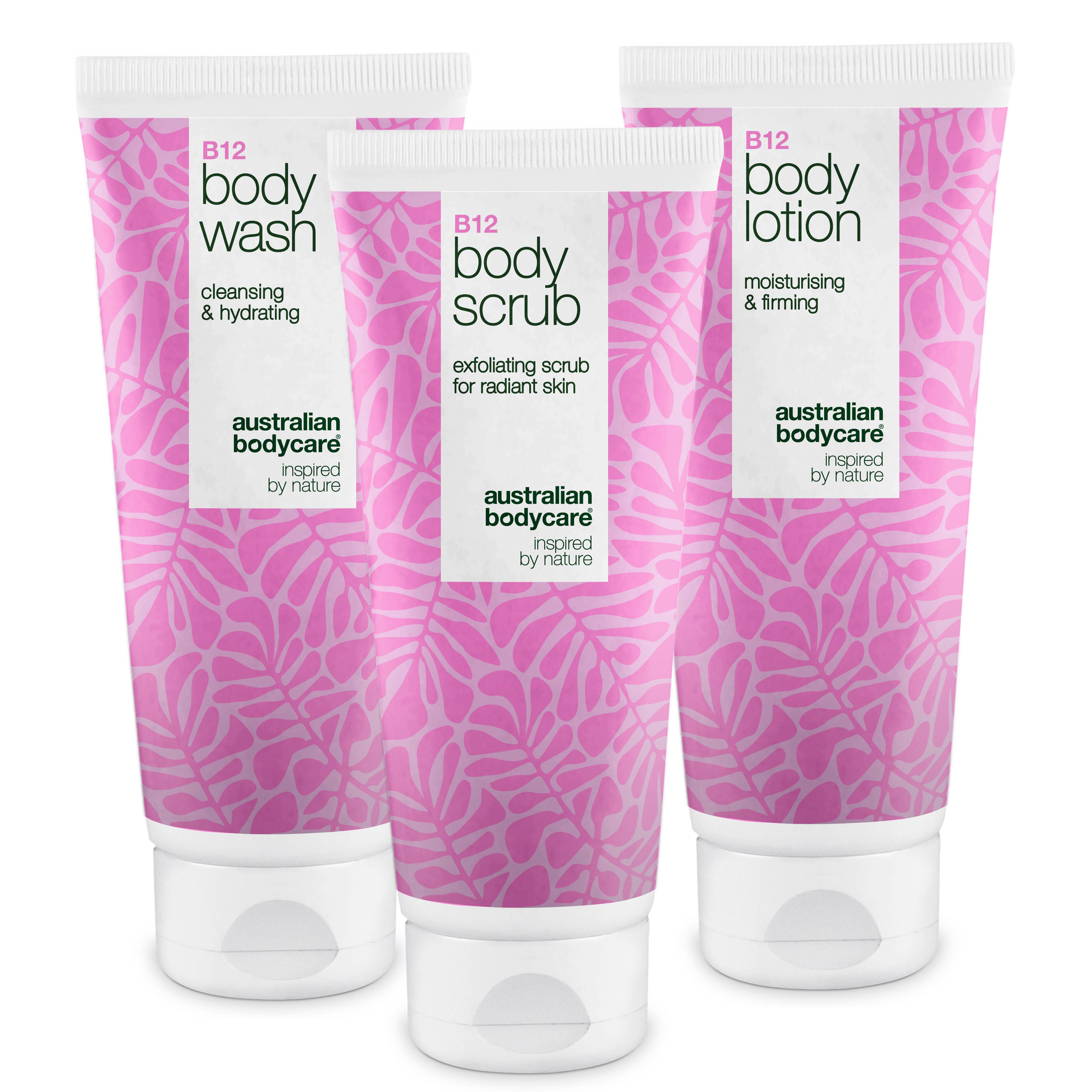 Drei Tuben Australian Bodycare B12. Body Wash, Body Scrub und Body Lotion. Rosa Design mit Blättern.