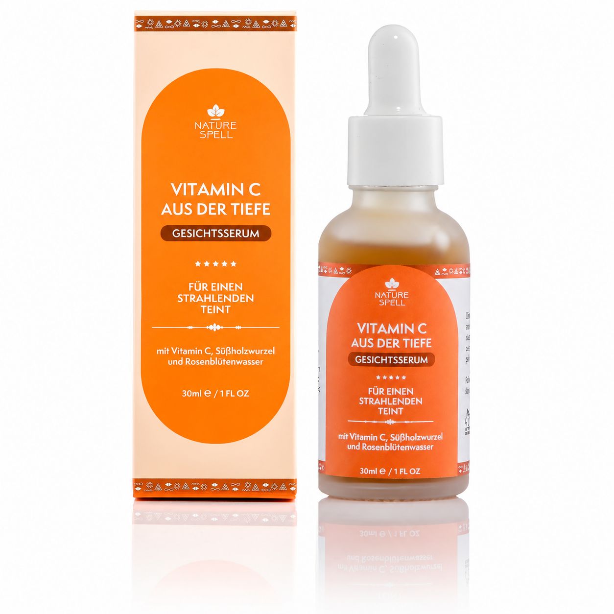 Faltschachtel für Nature Spell Vitamin C Gesichtsserum mit Inhaltsstoffen.
