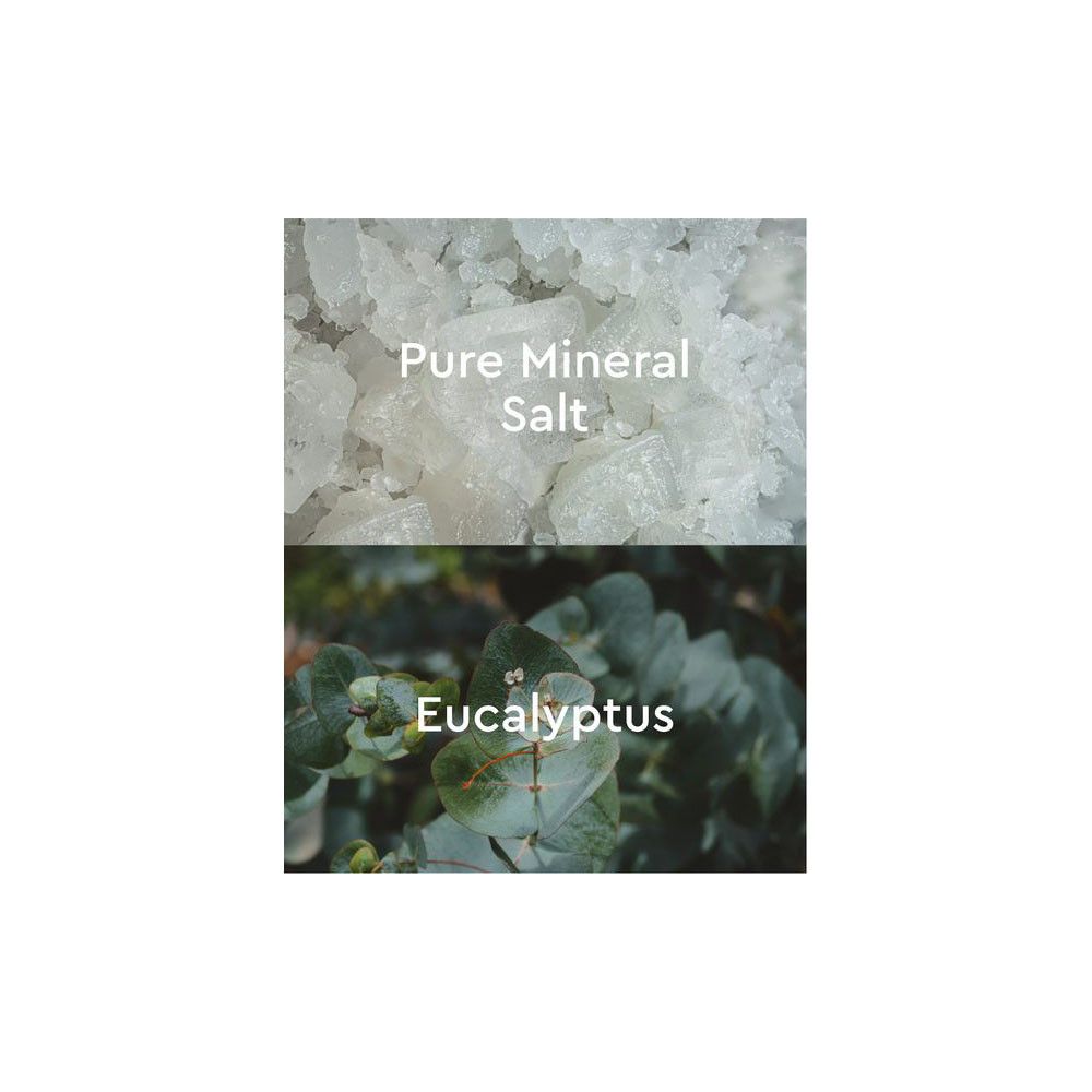 Zwei getrennte Bereiche: Oben Mineralbadesalz, unten Eukalyptusblätter. Text: Pure Mineral Salt, Eukalyptus.