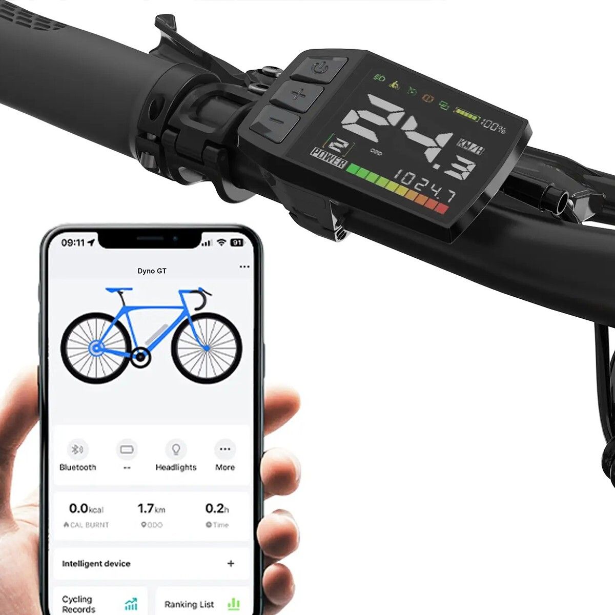 Smartphone mit App-Anzeige neben dem Fahrradlenker mit Display. Zeigt Fahrrad-Informationen.