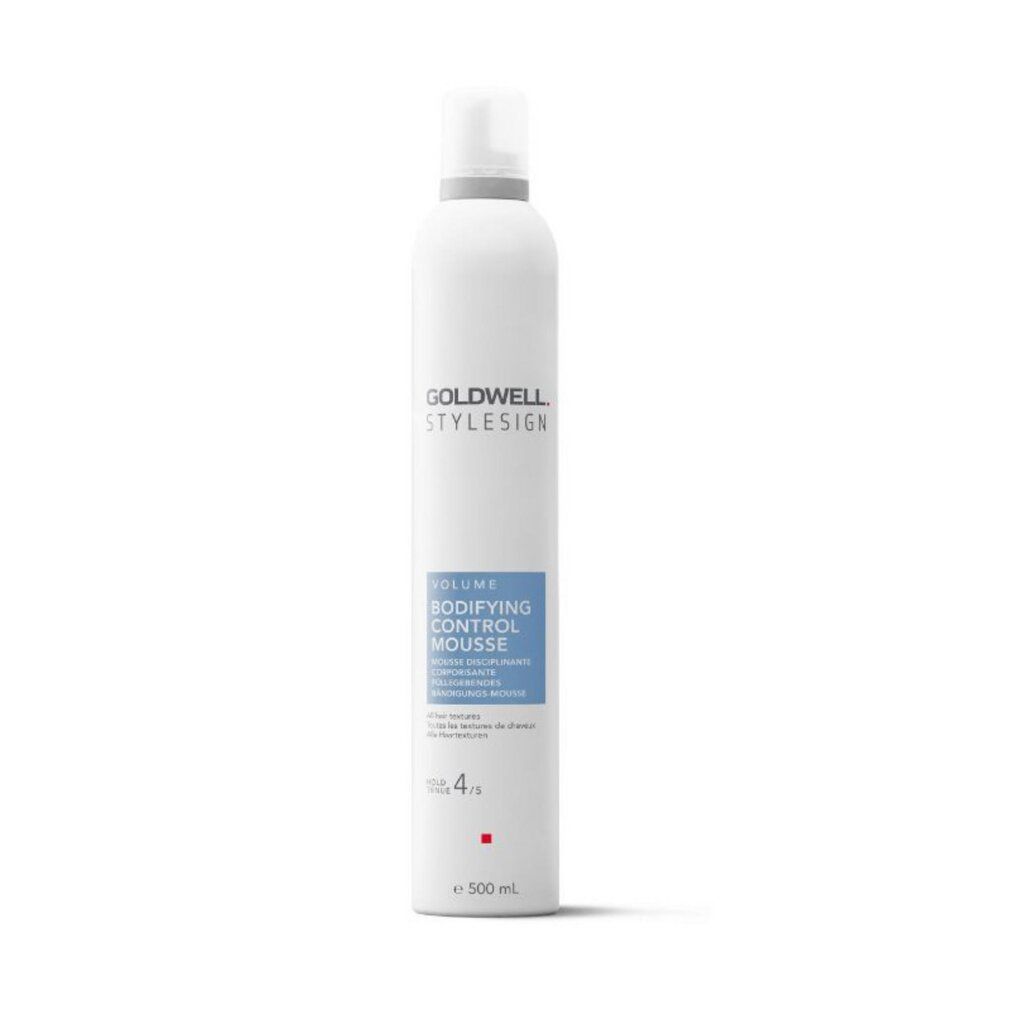 Weißes Aerosol mit Goldwell Stylesign Volumen Bodifying Control Mousse. Blaue Textfelder mit Produktinformationen. 500 ml.