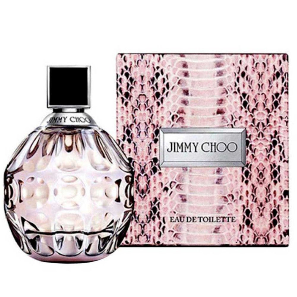 Parfümflakon und Verpackung. Flakon rund, Glas. Verpackung mit Schlangenmuster. Schriftzug: JIMMY CHOO.