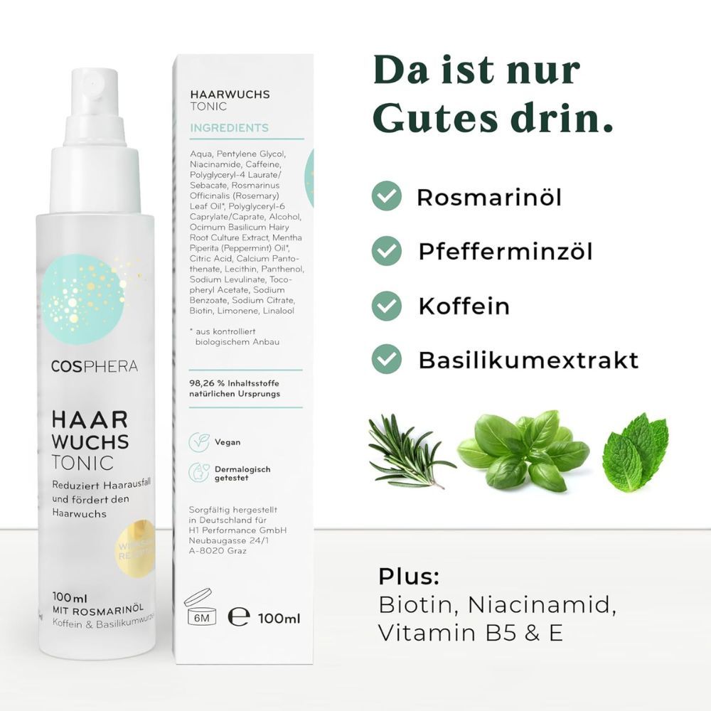 Flasche Haarwuchs Tonic und Inhaltsstoffe. Text: Rosmarinöl, Pfefferminzöl, Koffein, Basilikumextrakt. 100ml. Vegan, dermatologisch getestet.