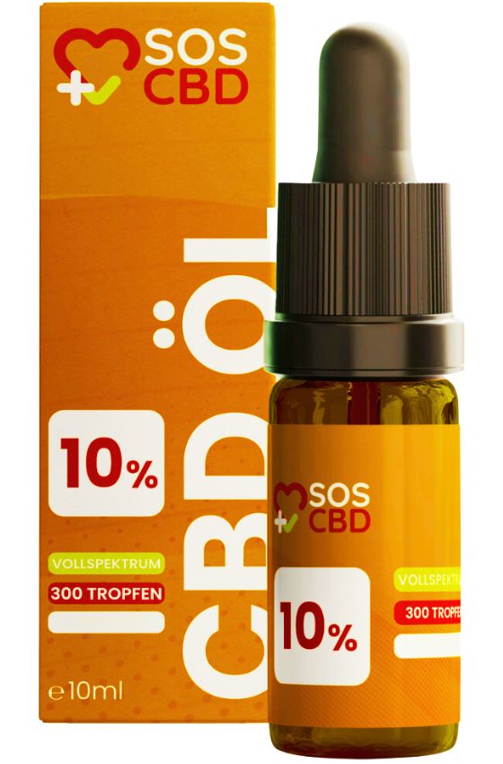 Braune Glasflasche mit Tropfer und orangefarbener Verpackung. Aufschrift: SOS CBD, 10%, 300 Tropfen, e10ml.