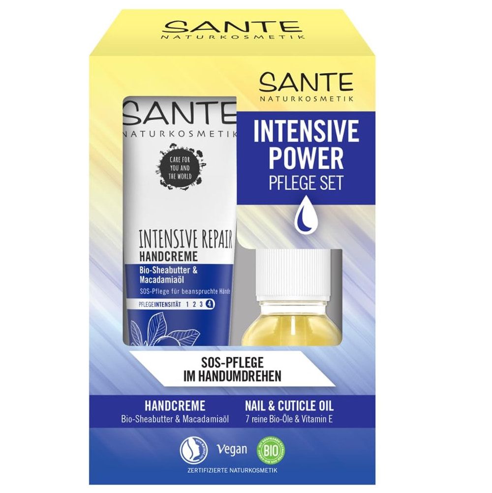 SANTE Naturkosmetik Handpflegeset. Enthält Handcreme und Nagelöl. Verpackung mit Produktnamen und Vegan-Siegel. Blaue und gelbe Farbgebung.