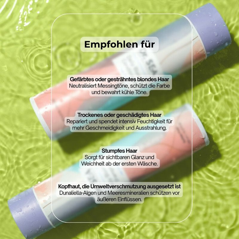 Zwei Dr. SEA Daily Blonde Shampoo Flaschen. Empfohlen für: gefärbtes Haar, trockenes Haar, stumpfes Haar. Auf Wasser Hintergrund.