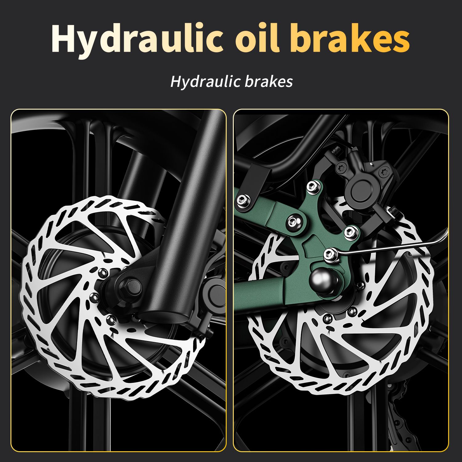 Nahaufnahme von hydraulischen Scheibenbremsen eines Elektrofahrrads. Text: "Hydraulic oil brakes".