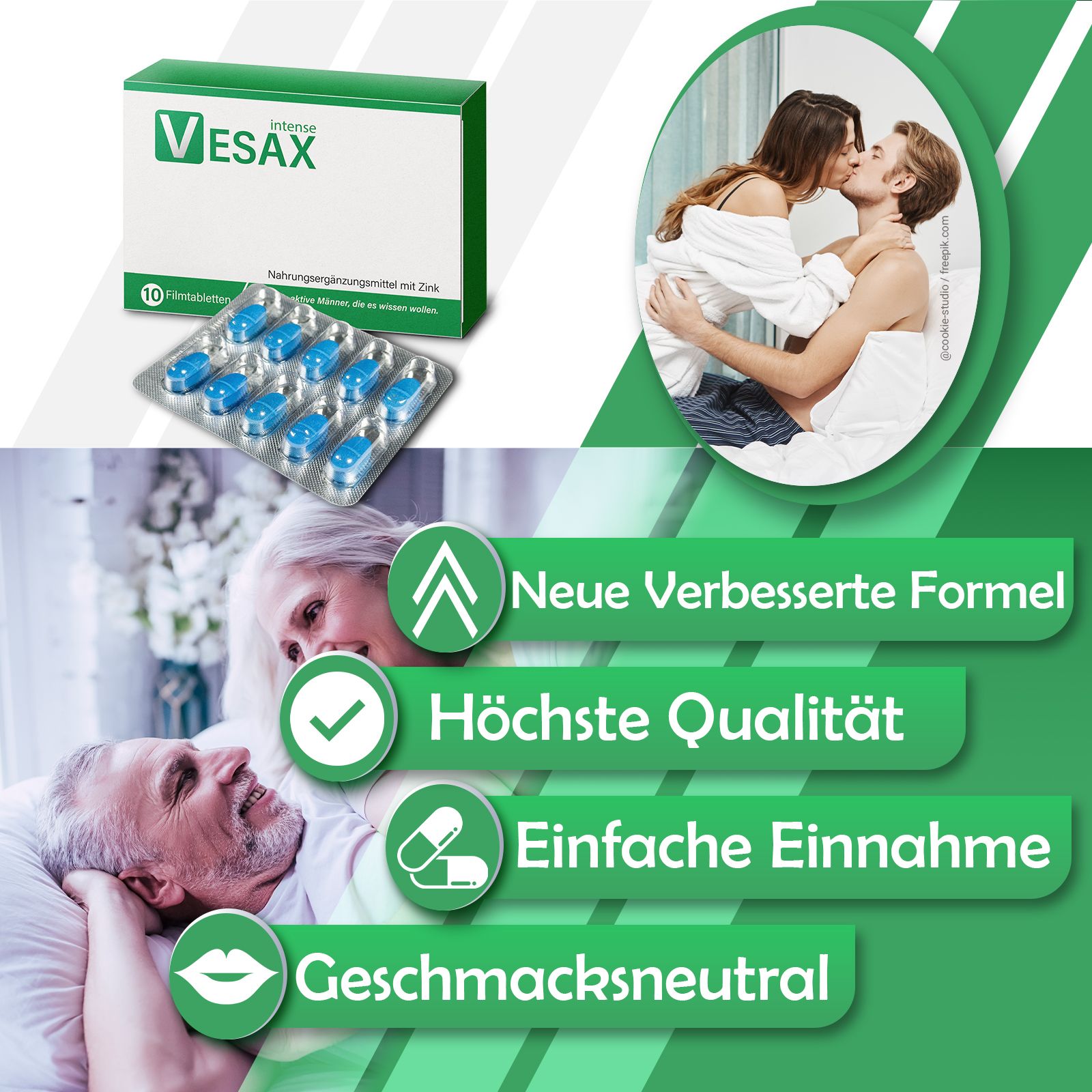 Schachtel und Blisterpackung mit blauen Tabletten. Aufschrift: Vesax. Text über verbesserte Formel, Qualität und Einnahme. Paare.