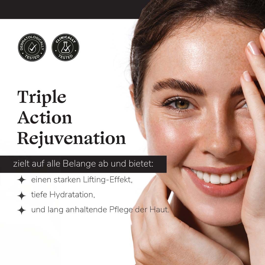 Frau mit strahlendem Lächeln, Triple Action Rejuvenation zielt auf Lifting, Hydratation und Hautpflege ab.