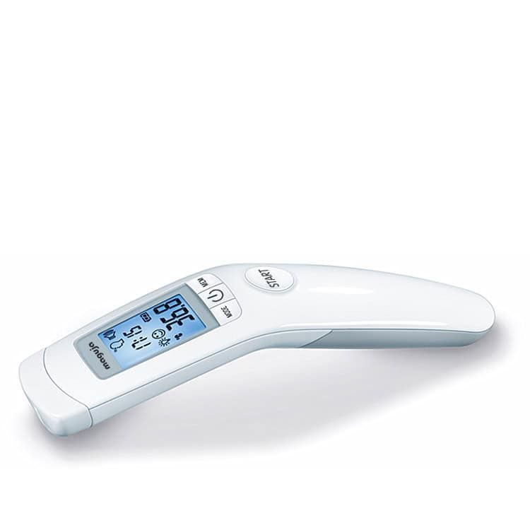 Weißes, ergonomisches Infrarot-Thermometer mit Display. Zeigt Temperatur, Uhrzeit und Symbole an. Mit Start-Taste.
