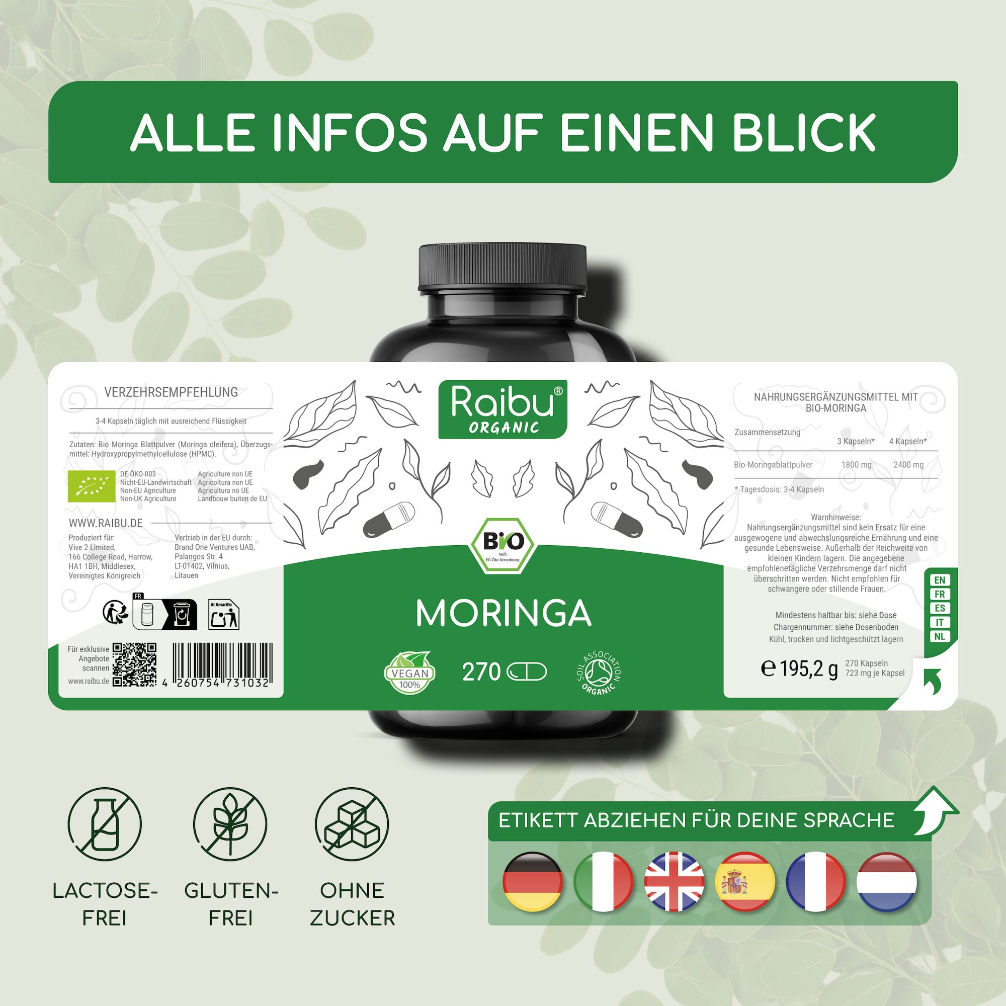 Bio Moringa Kapseln hochdosiert 2400 mg - vegane, laborgeprüft, glutenfrei & laktosefrei - RAIBU