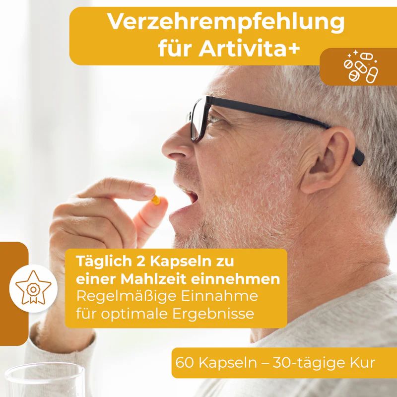Mann nimmt Kapsel ein. Text: Verzehrempfehlung für Artivita+. Täglich 2 Kapseln zu einer Mahlzeit.