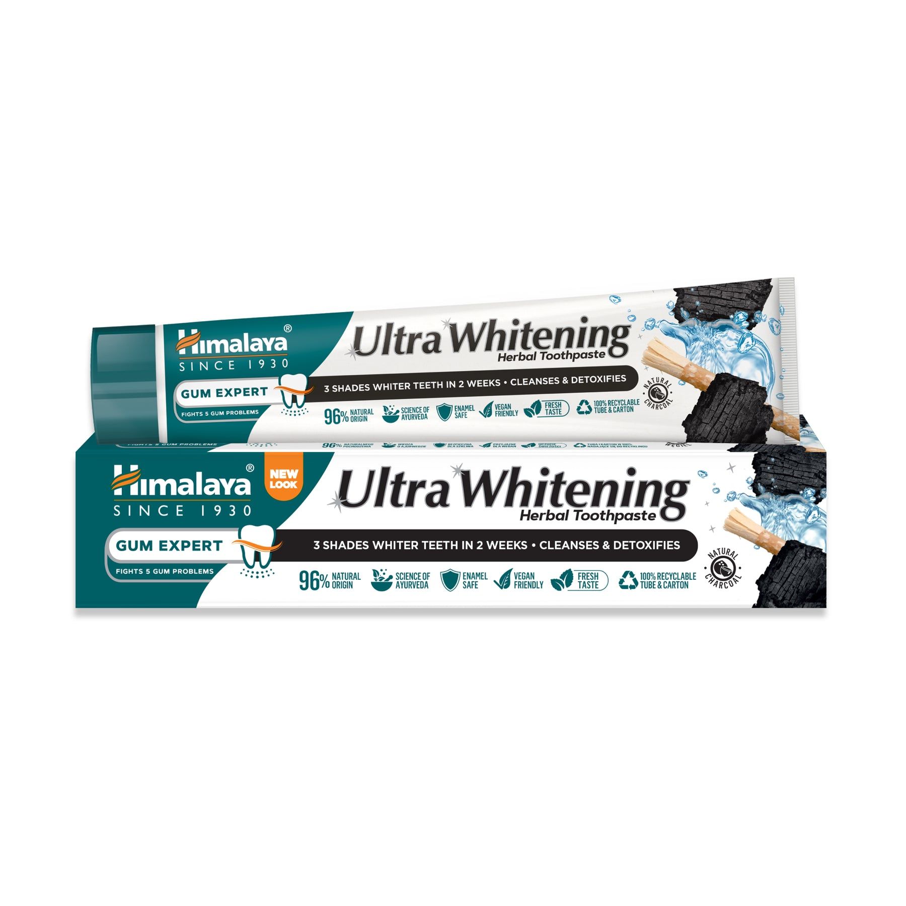 Zwei Tuben Zahnpasta. Aufschrift: Himalaya Gum Expert Ultra Whitening. Kräuterzahnpasta. 96% natürliche Inhaltsstoffe.