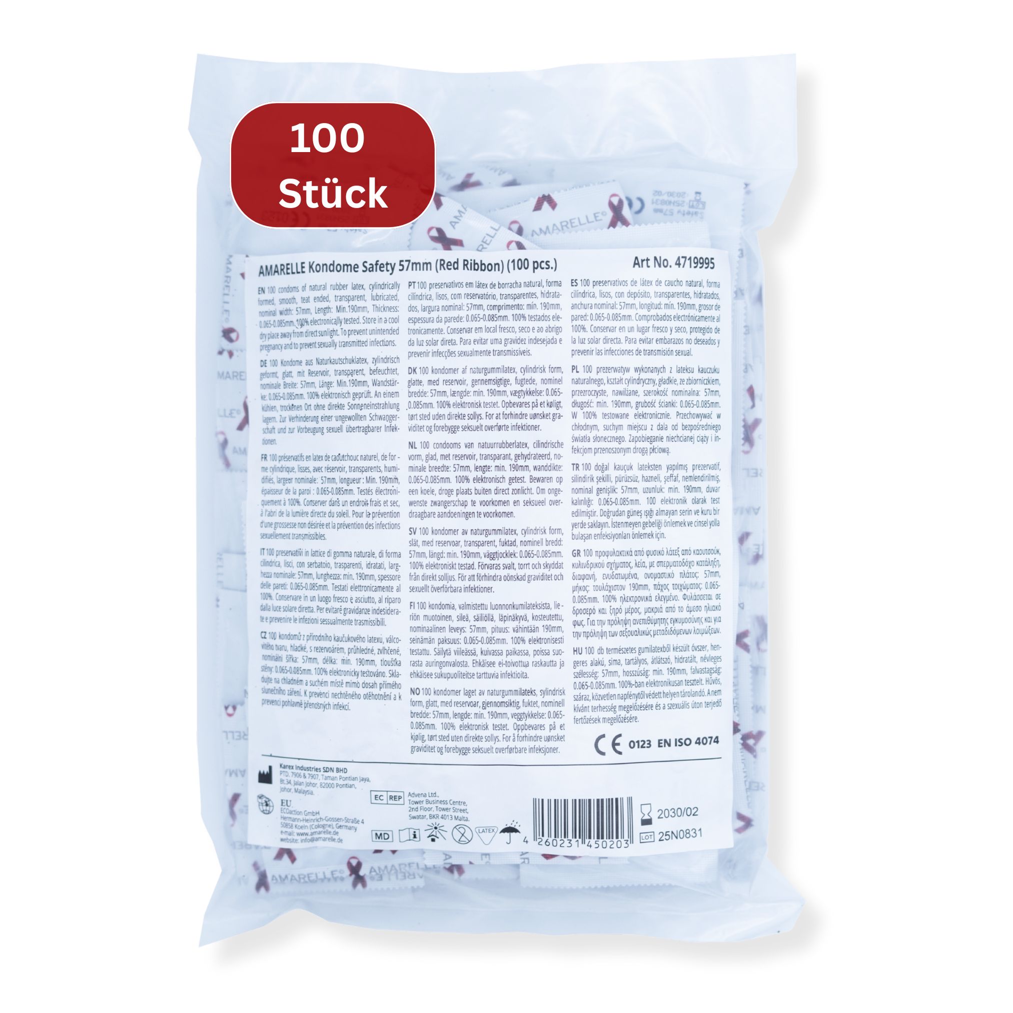 Verpackung mit Kondomen. Aufdruck: Amarelle Safety 57, 100 Stück. Rotes Band-Logo. Artikelnummer und Zertifizierungen.