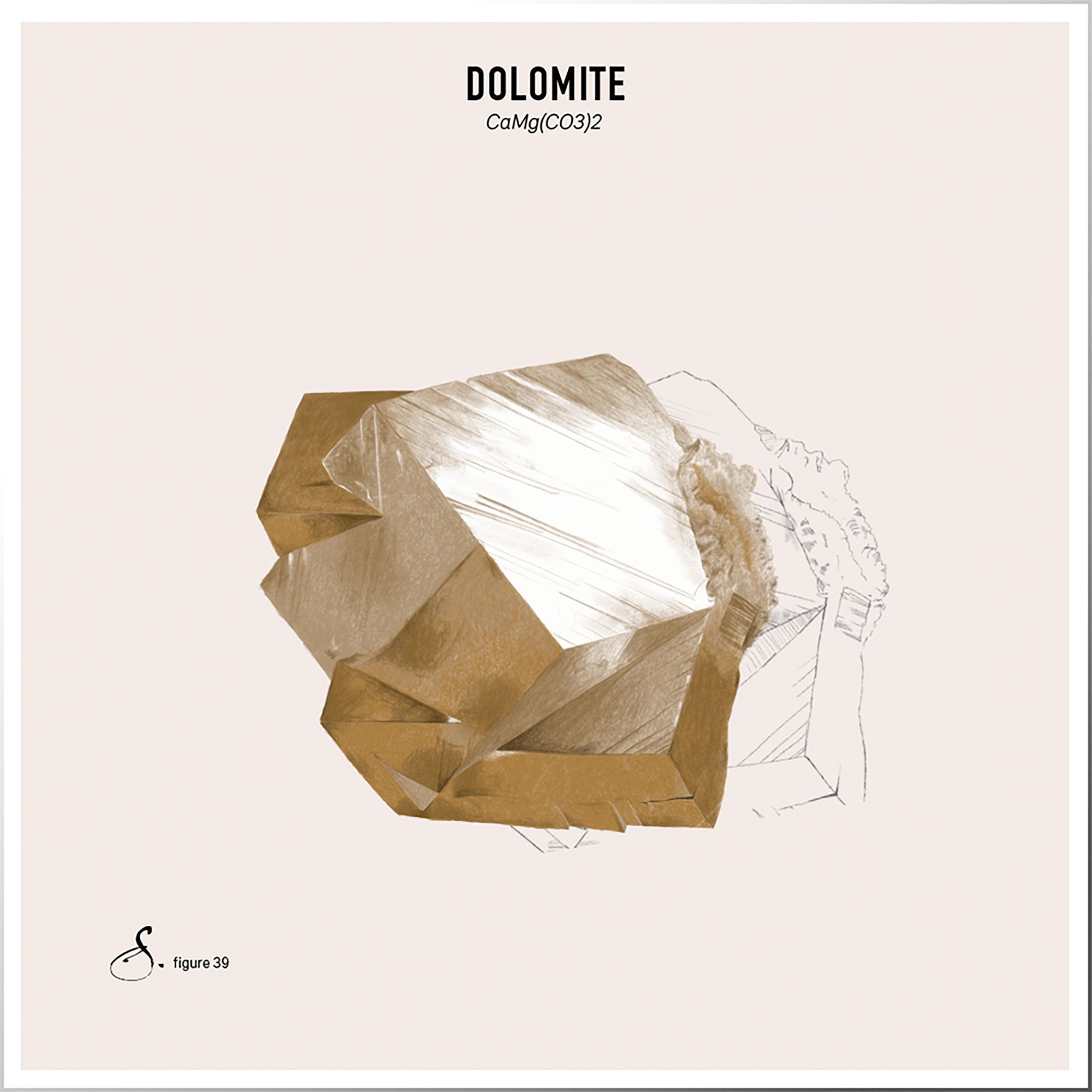 Abbildung eines Kristalls mit Text: DOLOMIT, CaMg(CO3)2. Skizze des Kristalls.