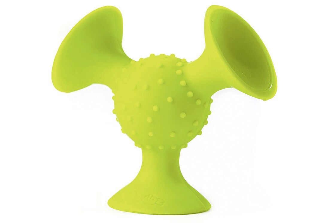 Grüner Saugnapf mit einer strukturierten Kugel und zwei Flügeln. Der Saugnapf hat einen breiten Fuß.