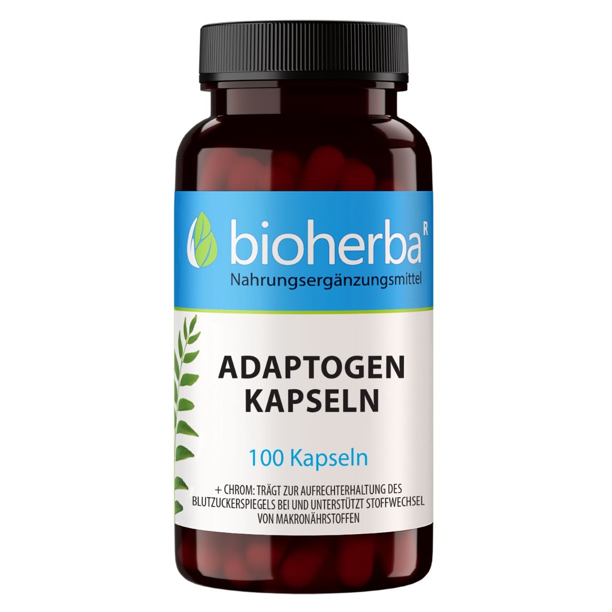 Braune Kapsel-Dose mit schwarzem Deckel. Aufschrift: Adaptogen Kapseln, 100 Kapseln. Logo: Bioherba.