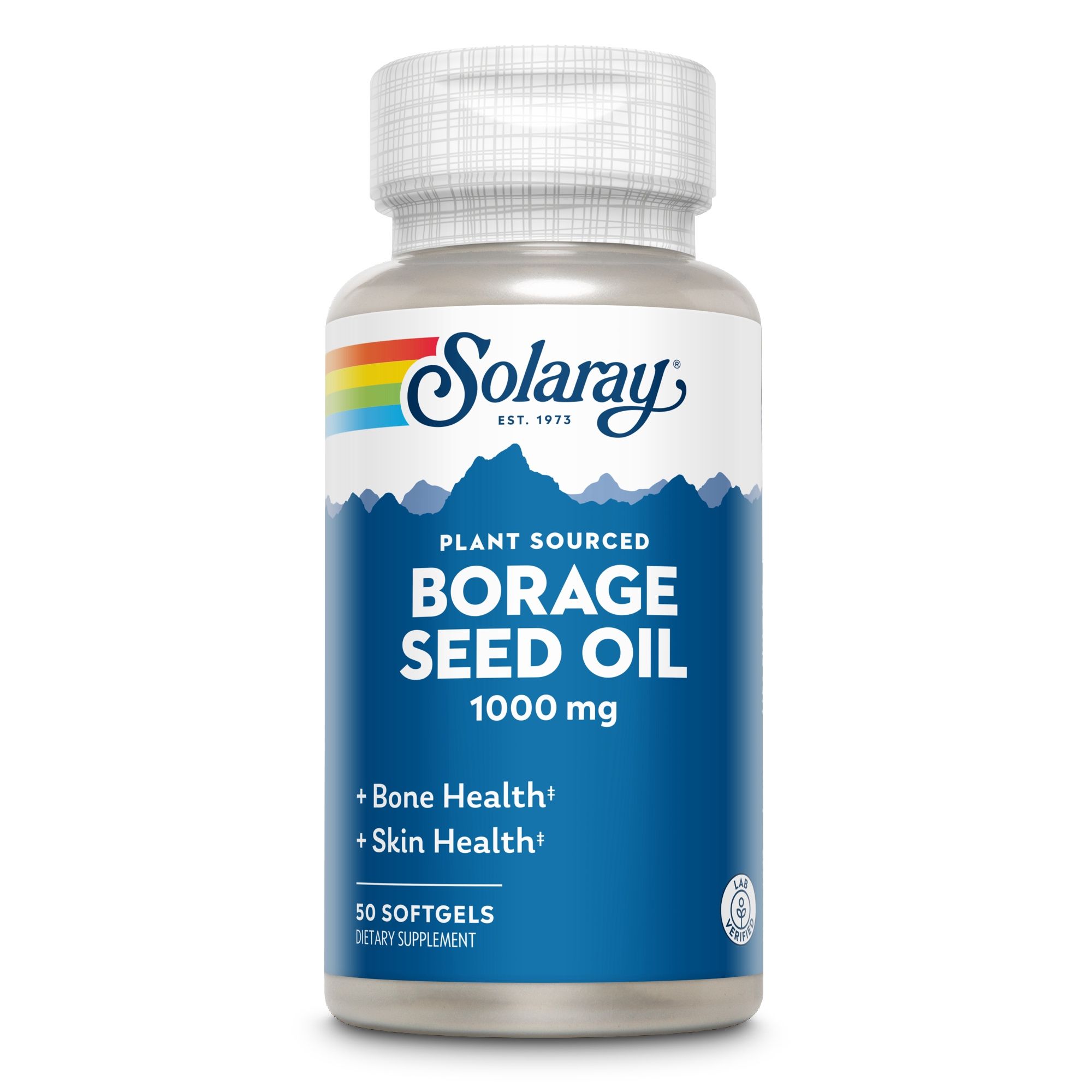 Solaray Borretschsamenöl-Flasche. 1000 mg, Knochen- und Hautgesundheit. 50 Softgels. Weißer Deckel, blaues Etikett mit Bergen und Regenbogen.
