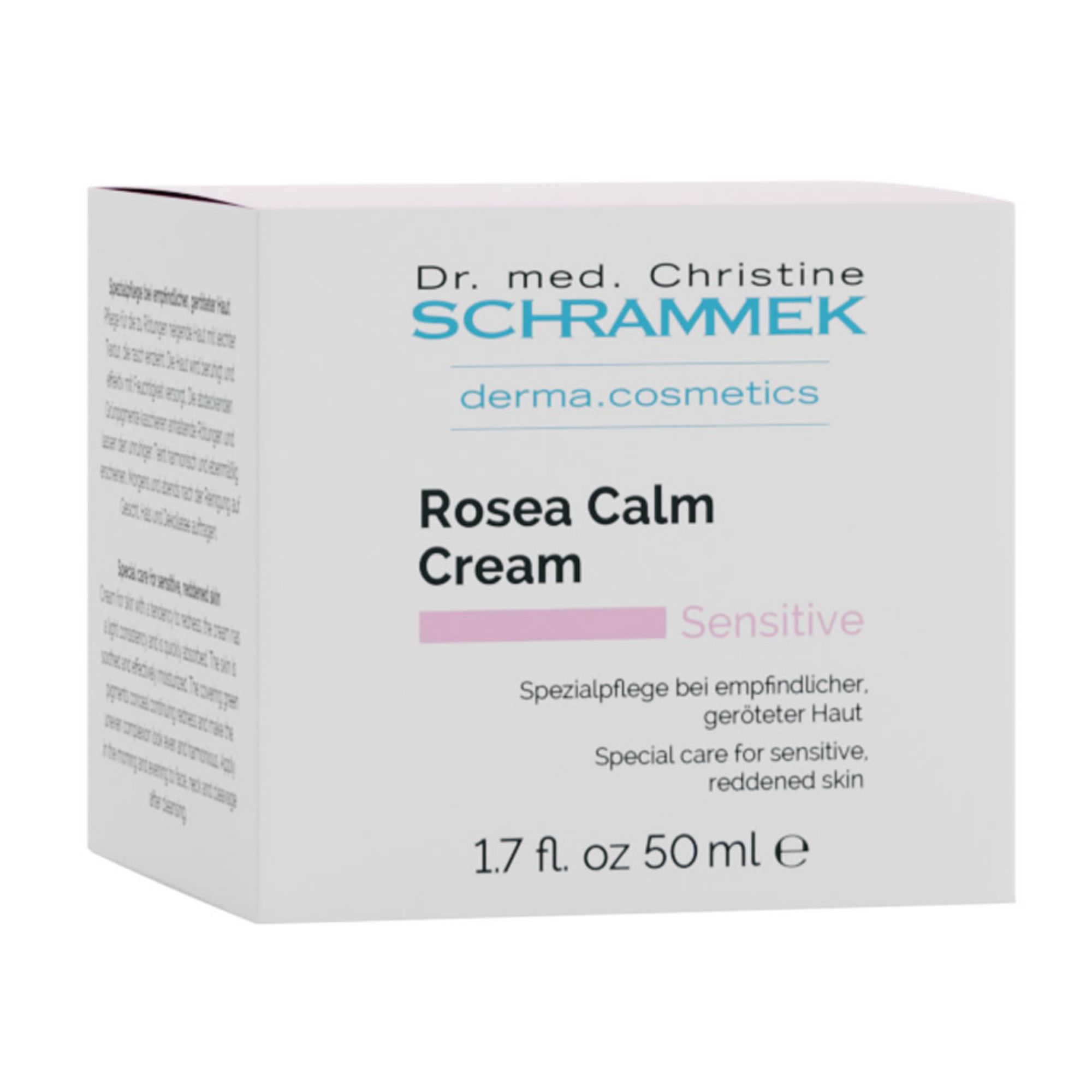 Weißer Karton. Aufschrift: Dr. med. Christine Schrammek, derma.cosmetics, Rosea Calm Cream, Sensitive. 1.7 fl. oz 50 ml e.
