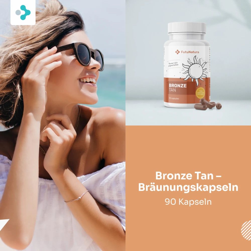 FutuNatura Bronze Tan Bräunungskapseln, 90 Kapseln, mit Sonnensymbol.