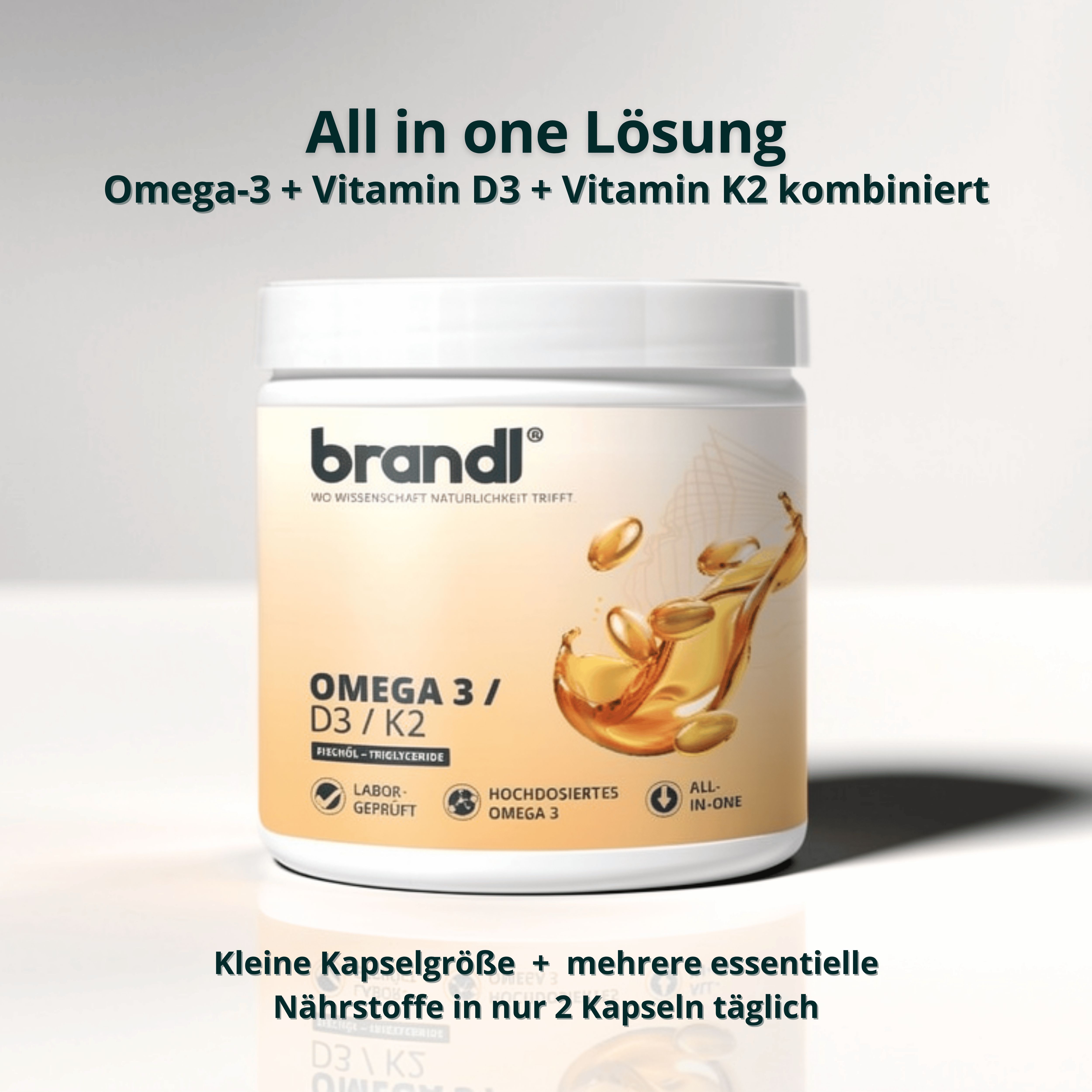 Weißer Behälter mit "brandl" und "OMEGA 3 / D3 / K2". Text: "All in one Lösung". Logo: Laborgeprüft, hochdosiertes Omega 3.