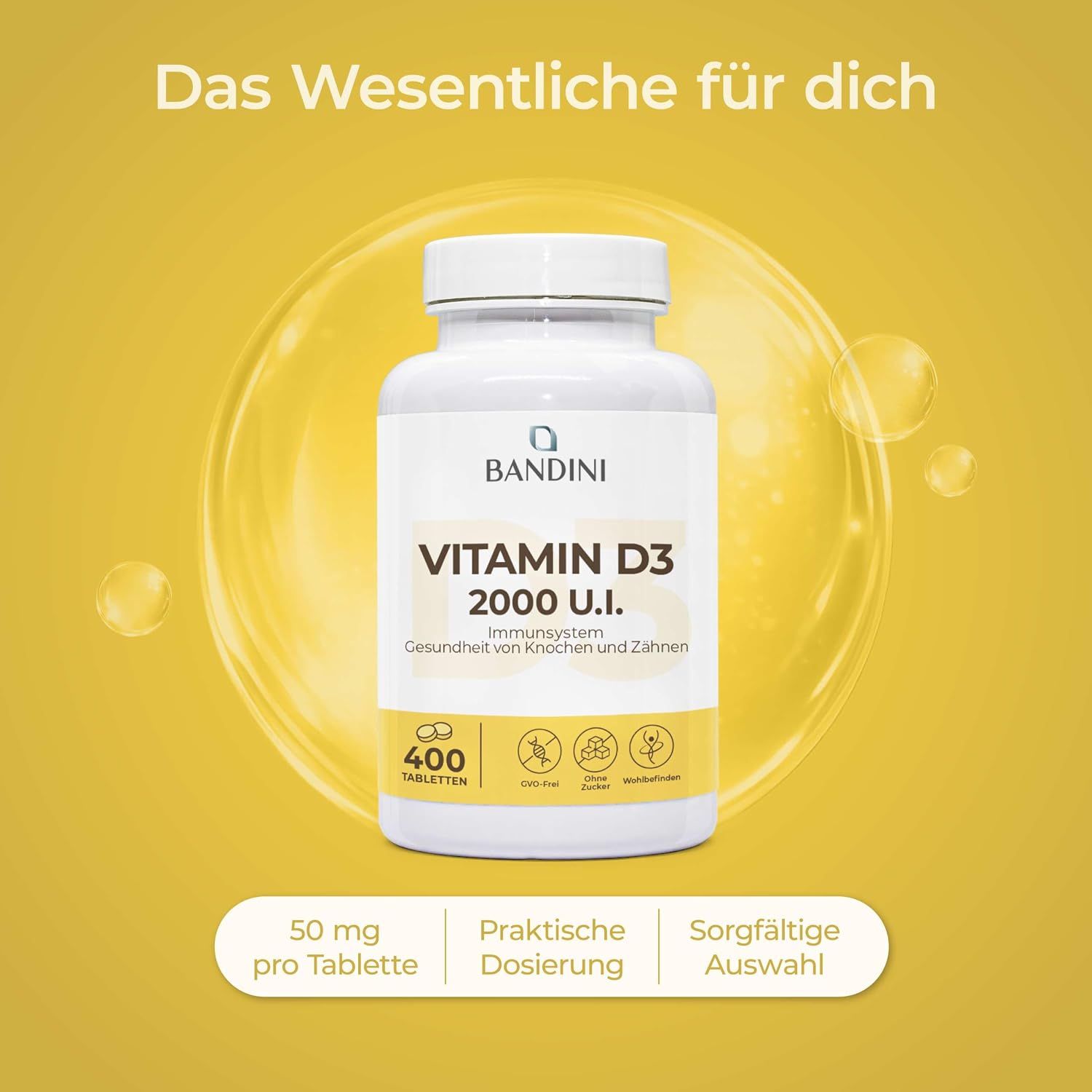 Bandini Vitamin D3 2000 I.E. Tabletten, 400 Stück, mit Frau.