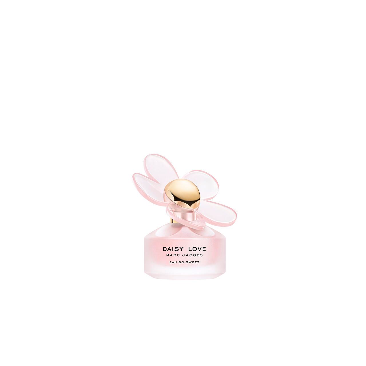Rosa Glasflakon mit goldfarbenem Verschluss und Blüten-Applikation. Aufschrift: Daisy Love Eau So Sweet.