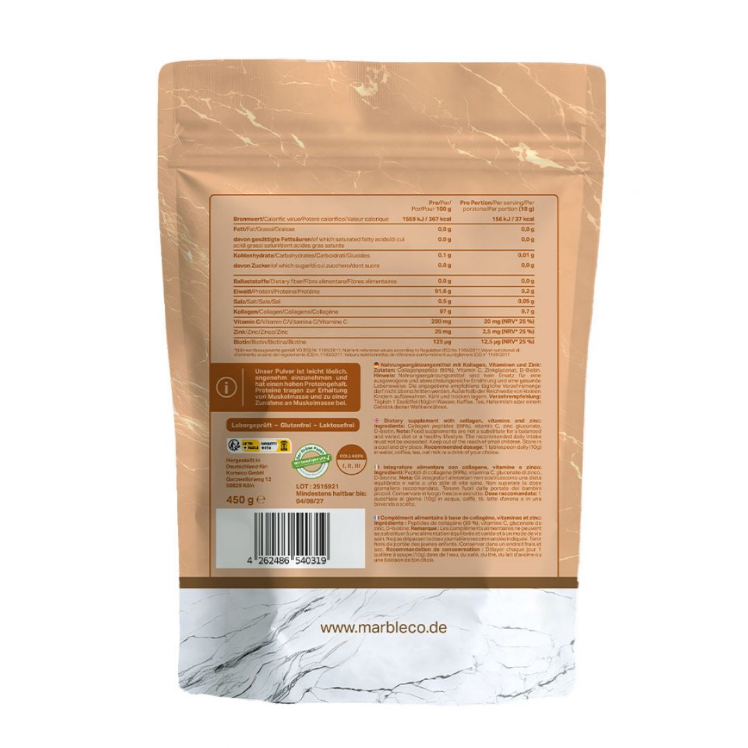 Rückseite der Verpackung von marble© Collagen Pro. Enthält Nährwertangaben, Inhaltsstoffe und Zertifizierungen.