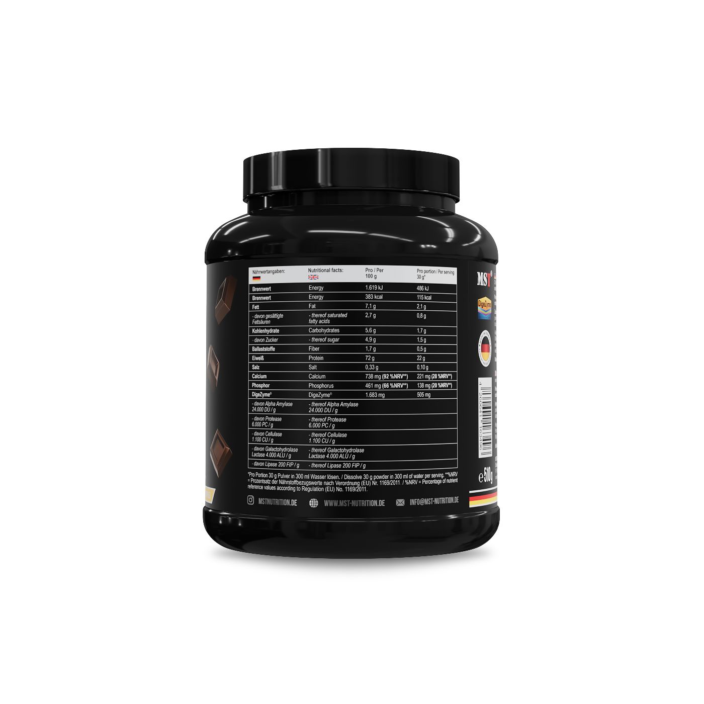Rückseite eines schwarzen MST Best Whey Protein Behälters mit Nährwertangaben und Aminosäureprofil.