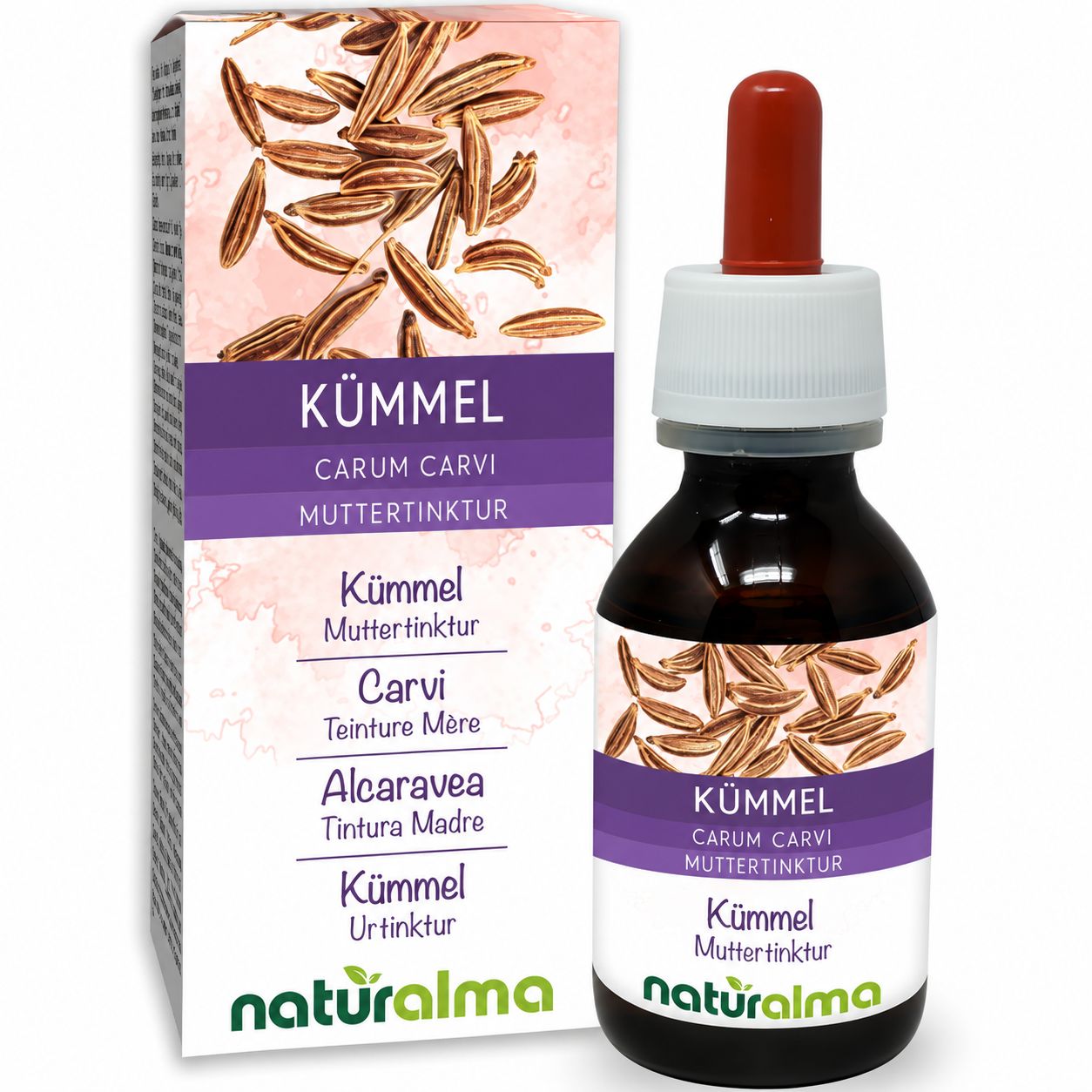 Kümmel Muttertinktur von naturalma in Braunglasflasche mit Pipette und Faltschachtel.