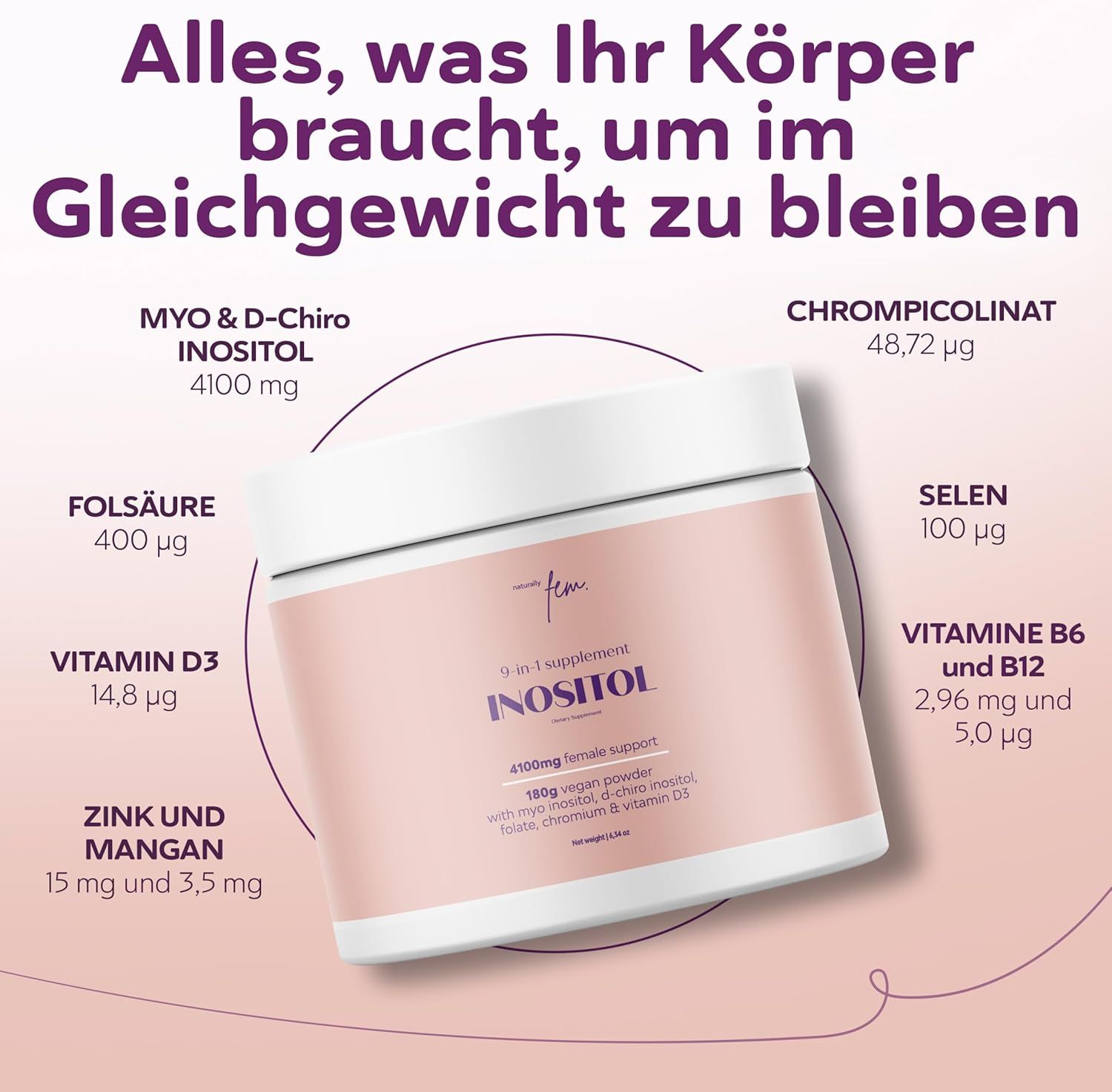 QSTA D-Chiro & Myo Inositol Pulver: Dose mit Inhaltsstoffen wie Myo & D-Chiro Inositol, Folsäure, Vitamin D3, Zink.