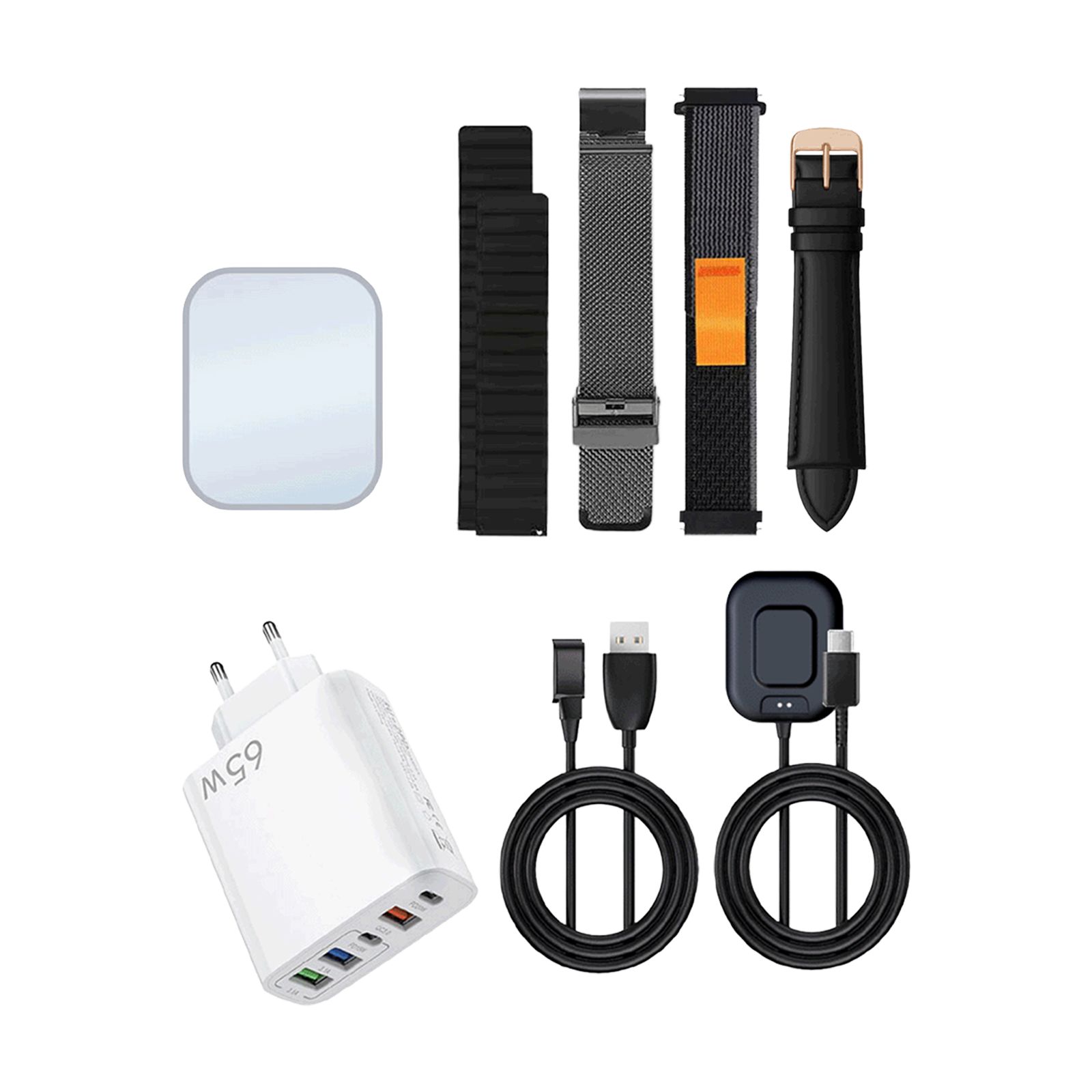 Zubehör für die Knauermann PRO 4 Ultra Gesundheitsuhr: Armbänder, Ladekabel, Netzteil und Displayschutzfolie.